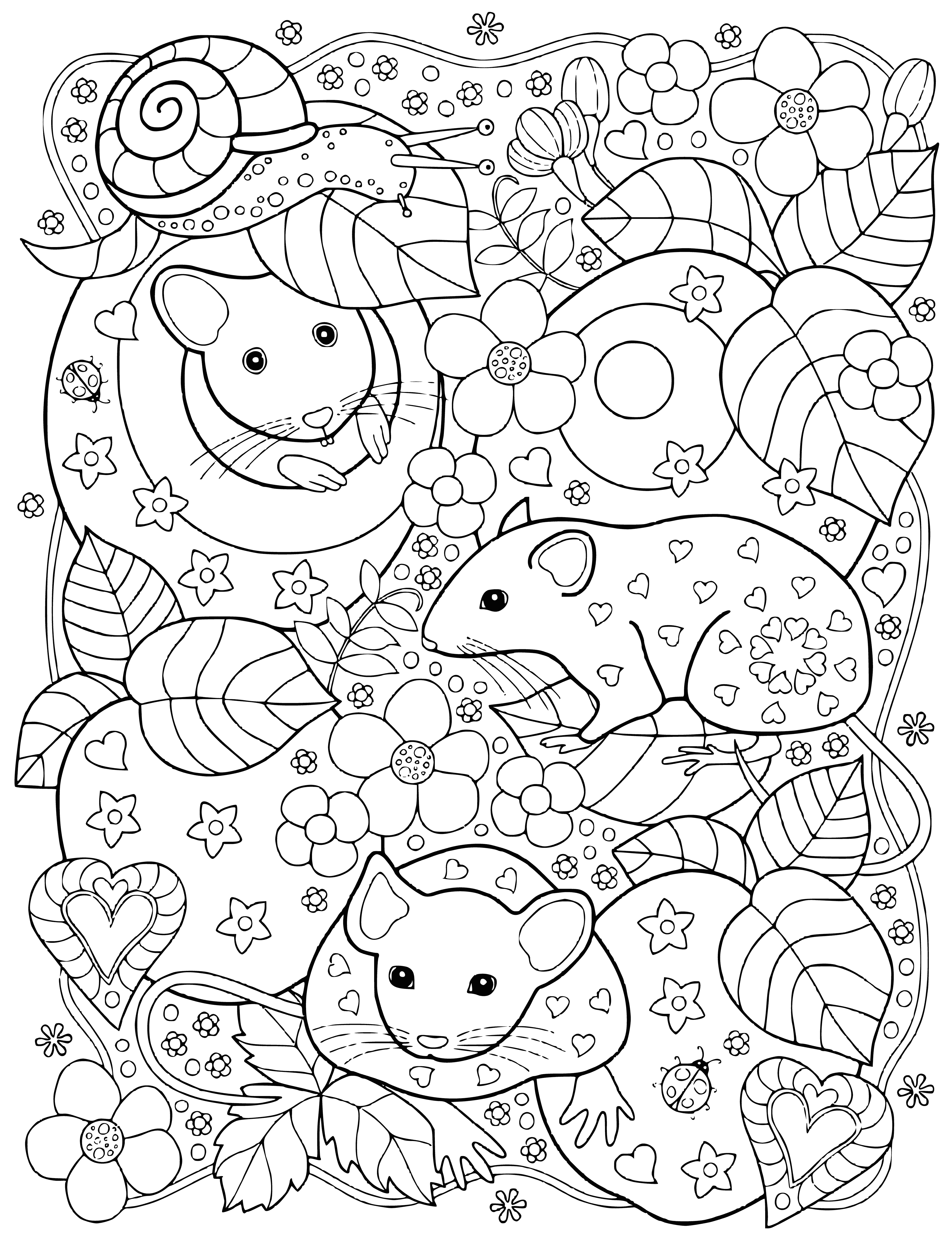 coloring page: Coloring cute mice in a garden - yellow flowers, green bush and blue sky. Relax and destress!