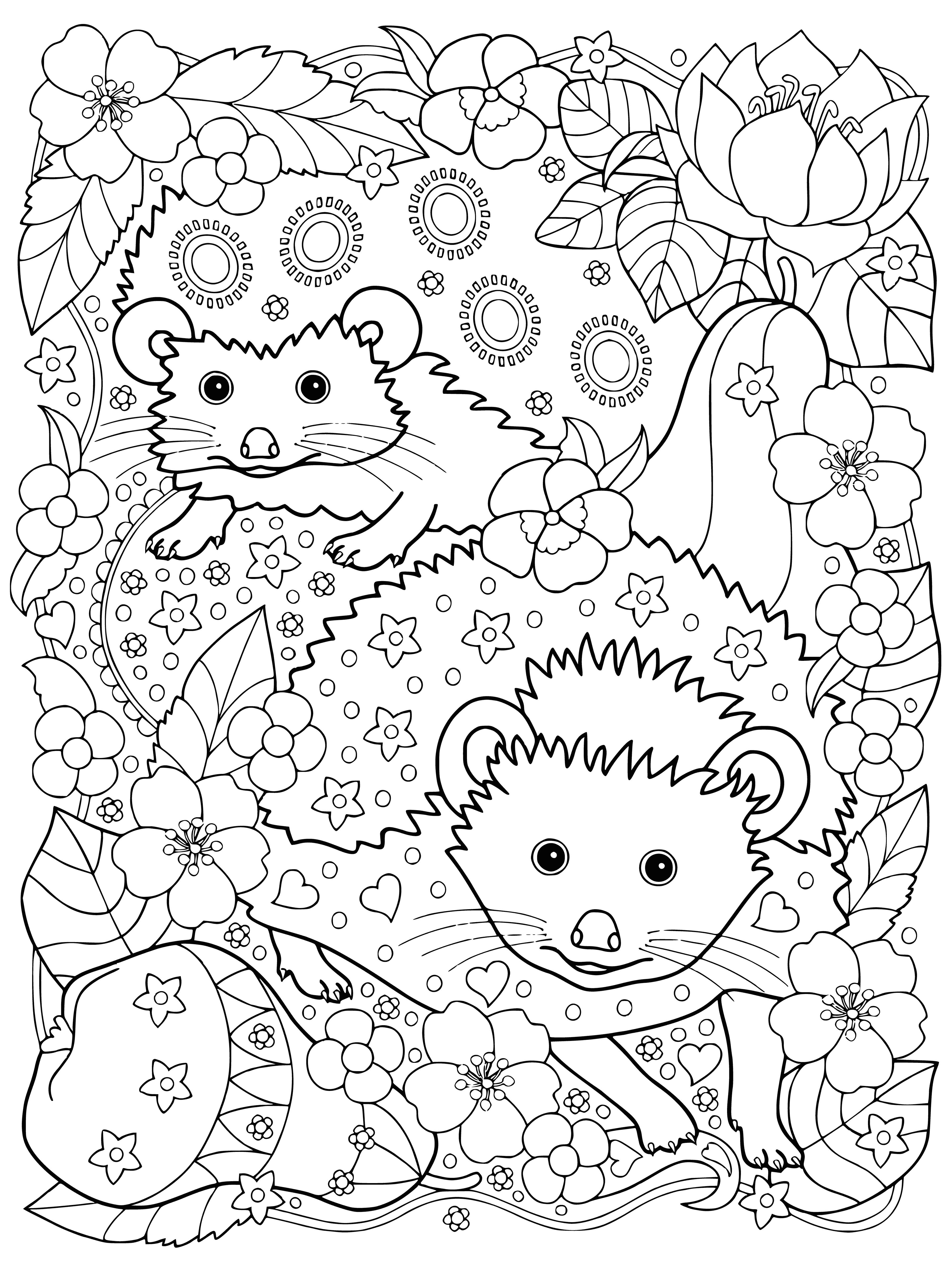 coloring page: Cute and unique hedgehogs have spines and short fur, a small face, and are nocturnal.