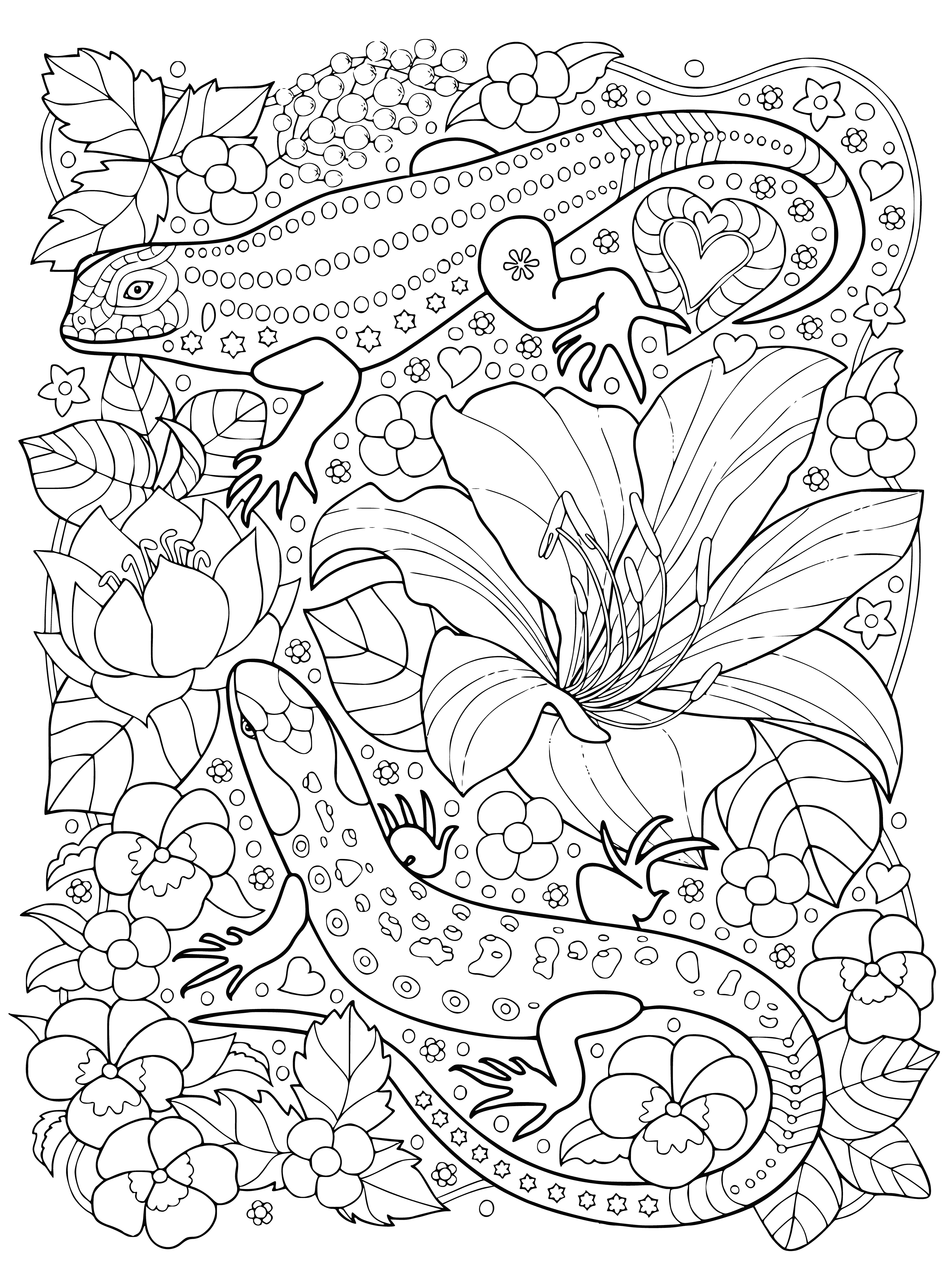 coloring page: Lizard perched on thin branch, tail wrapped around it. Dusty brown body, closed eyes, tongue flicking, small claws gripping branch tightly.