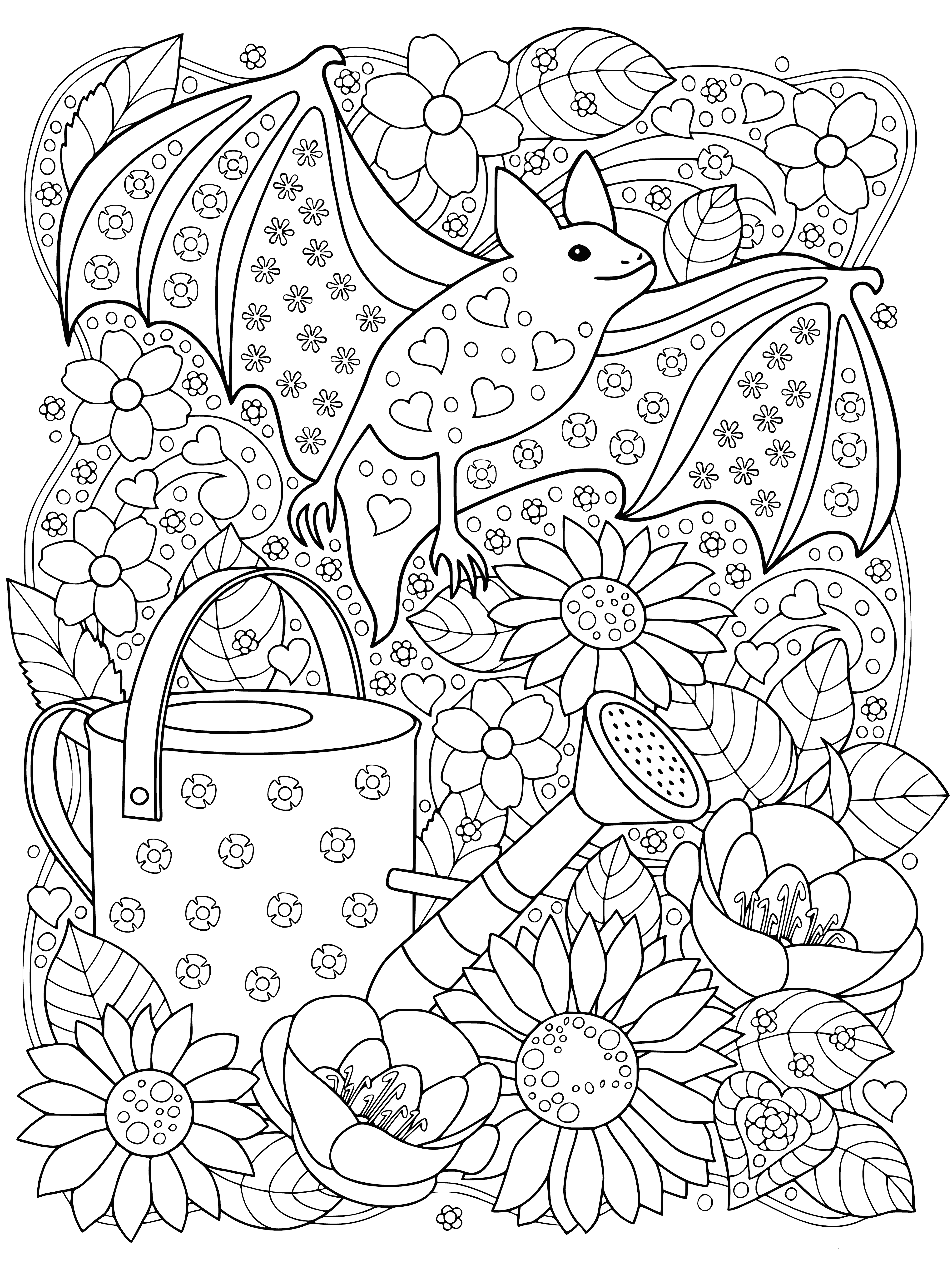 coloring page: A bat flies past a full moon and stars against a twirling night sky of blues, greens and purples. A coloring page of magic and wonder!