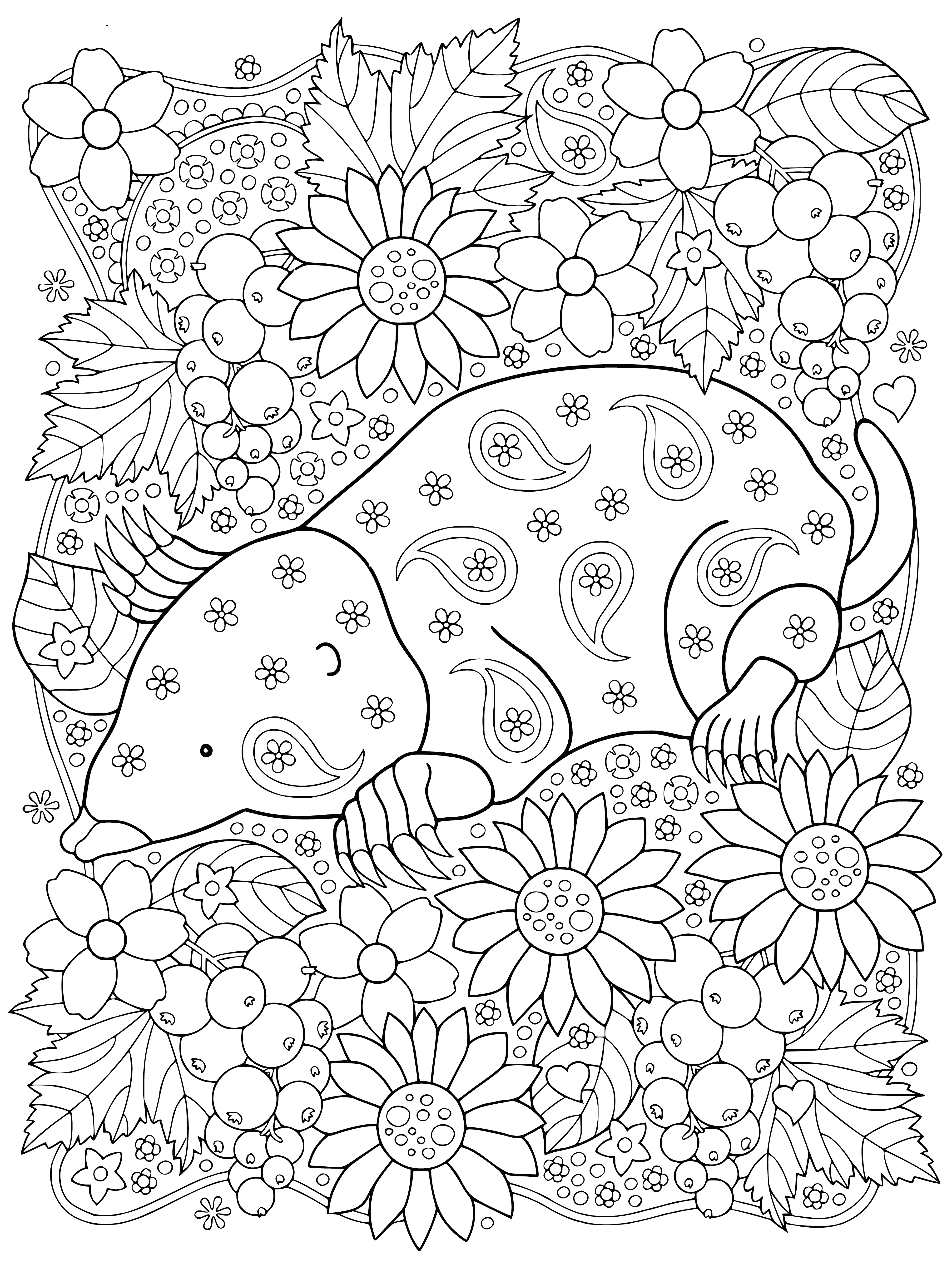 coloring page: Mole in garden near plants, small brown creature with long snout and small eyes, digging with claws.