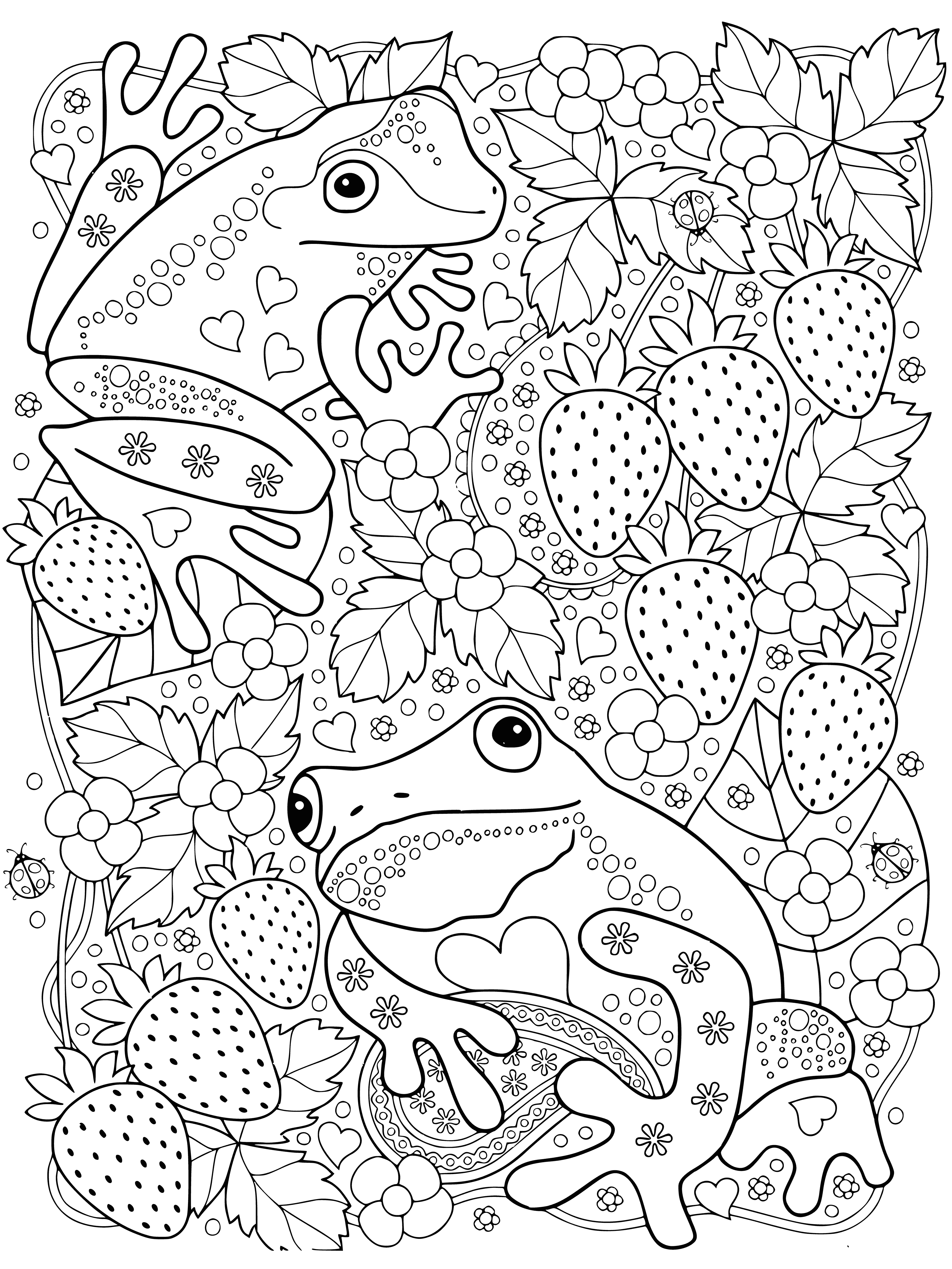 coloring page: Two frogs relax on lily pads, one with a strawberry & one with closed eyes, surrounded by flowers & greenery.