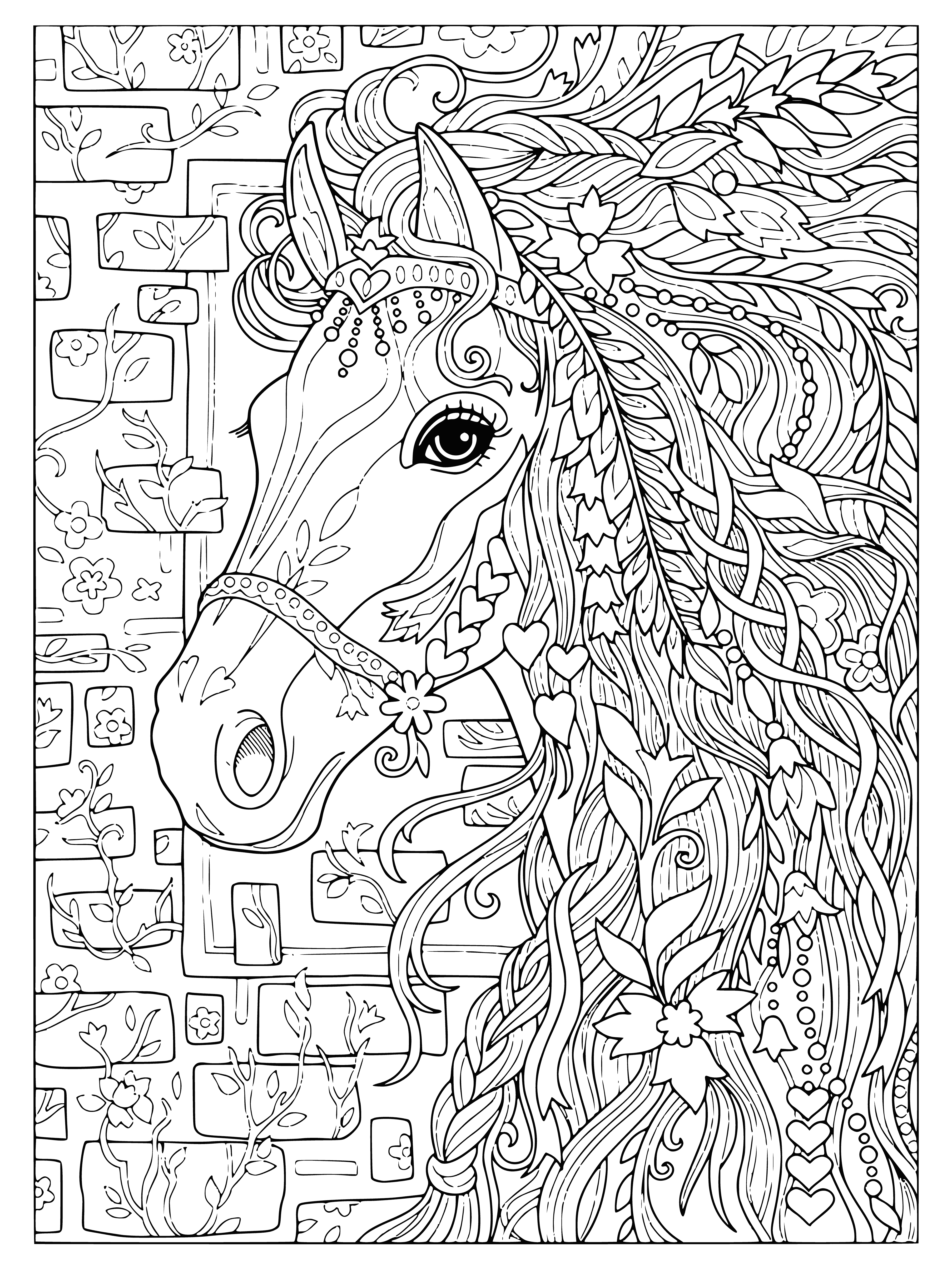 coloring page: A black maned horse gallops through a green field of yellow flowers.