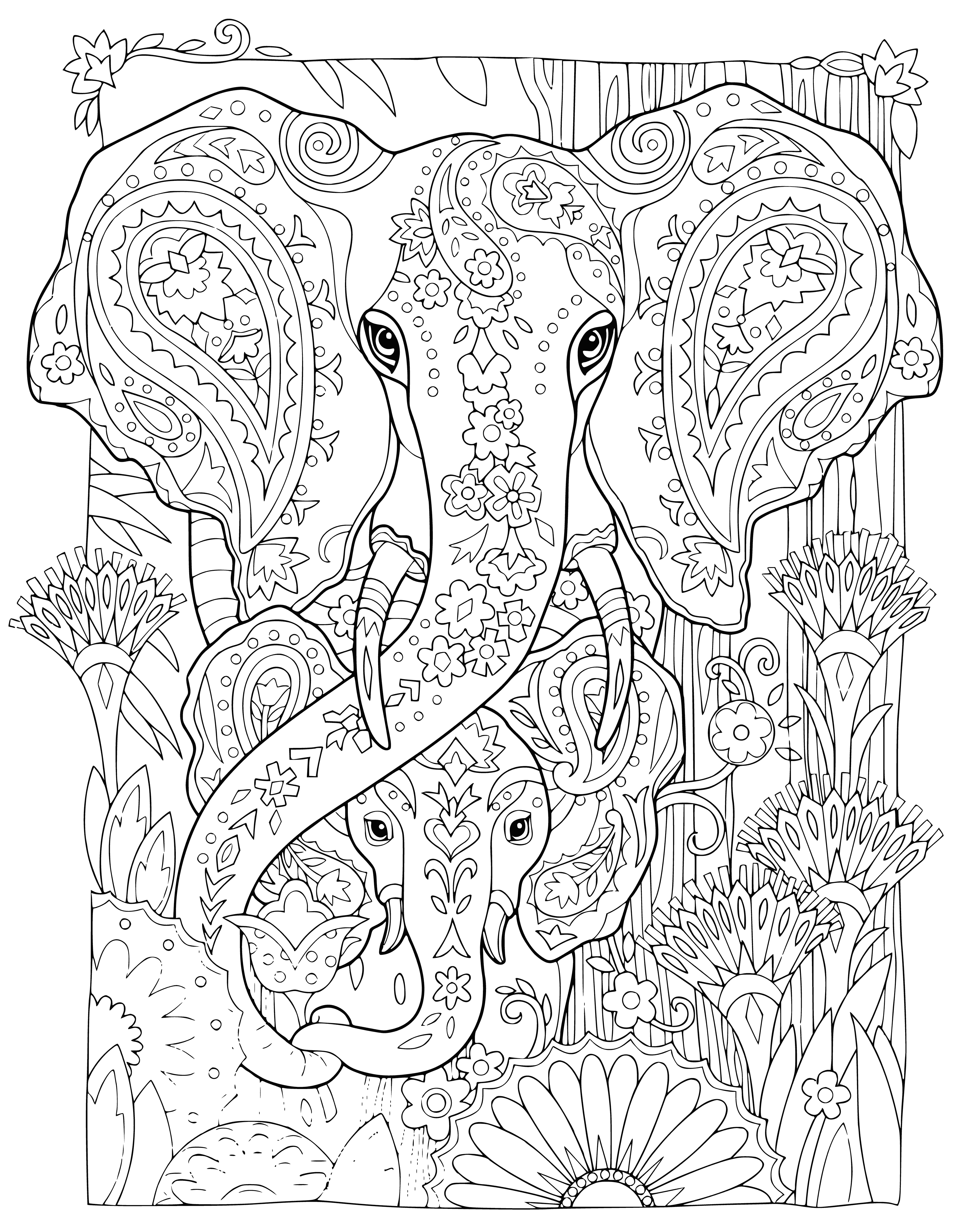 coloring page: A huge grey elephant & a tiny white one stand on green grass in this coloring page.