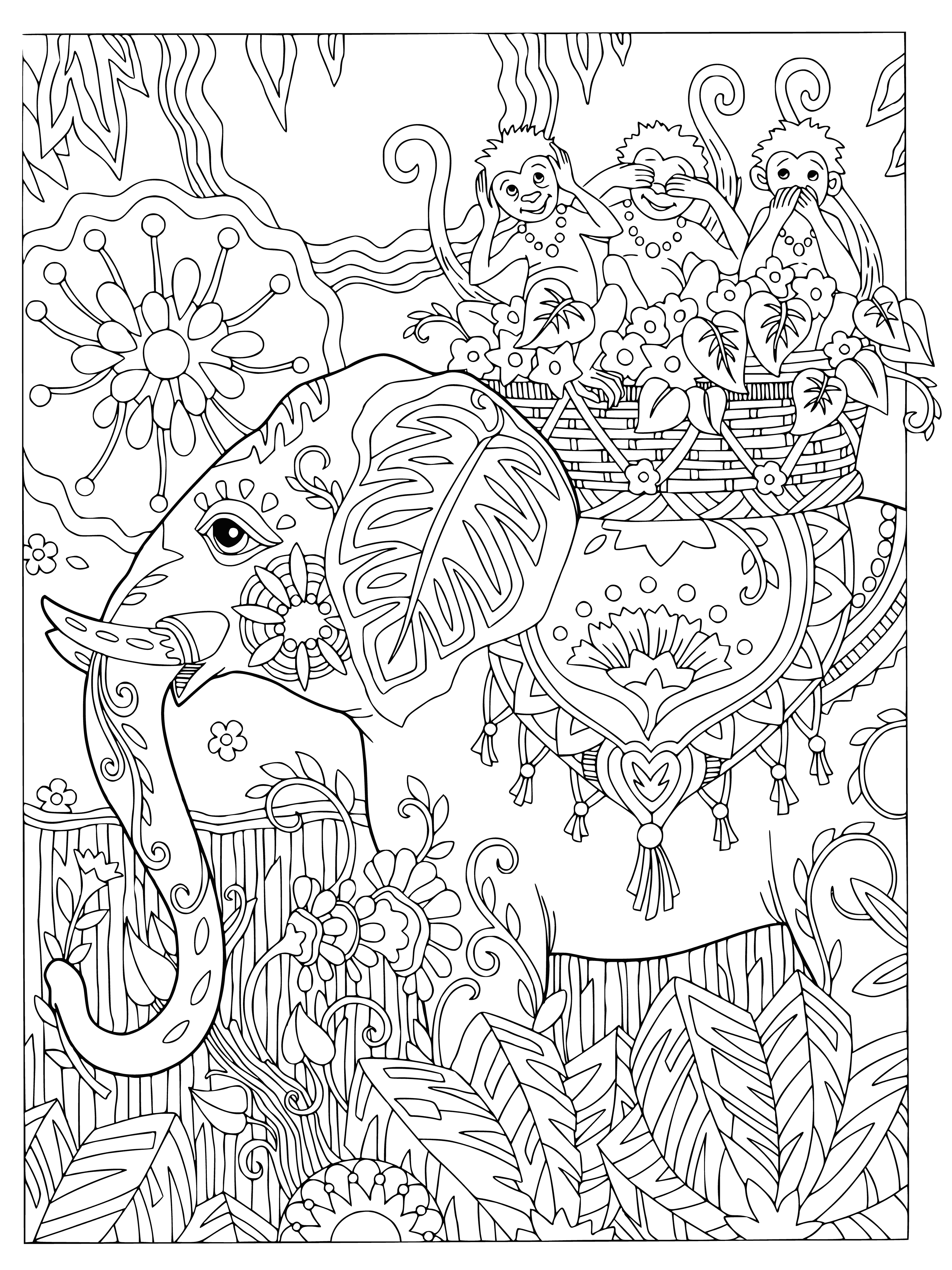 Elephant and monkeys coloring page