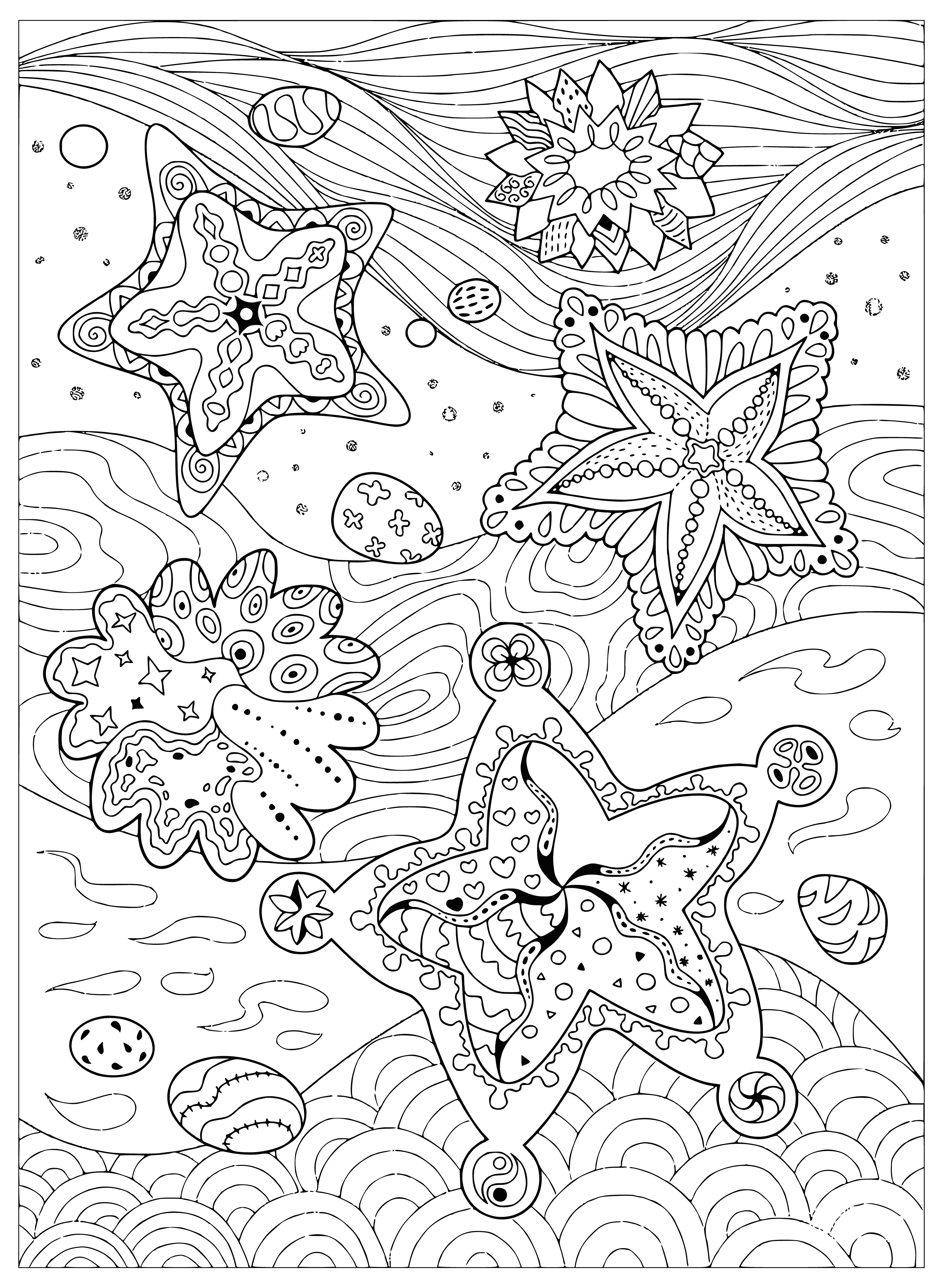 coloring page: 5 white starfish of different sizes surrounded by brightly-colored fish, coral & plants on a black background.