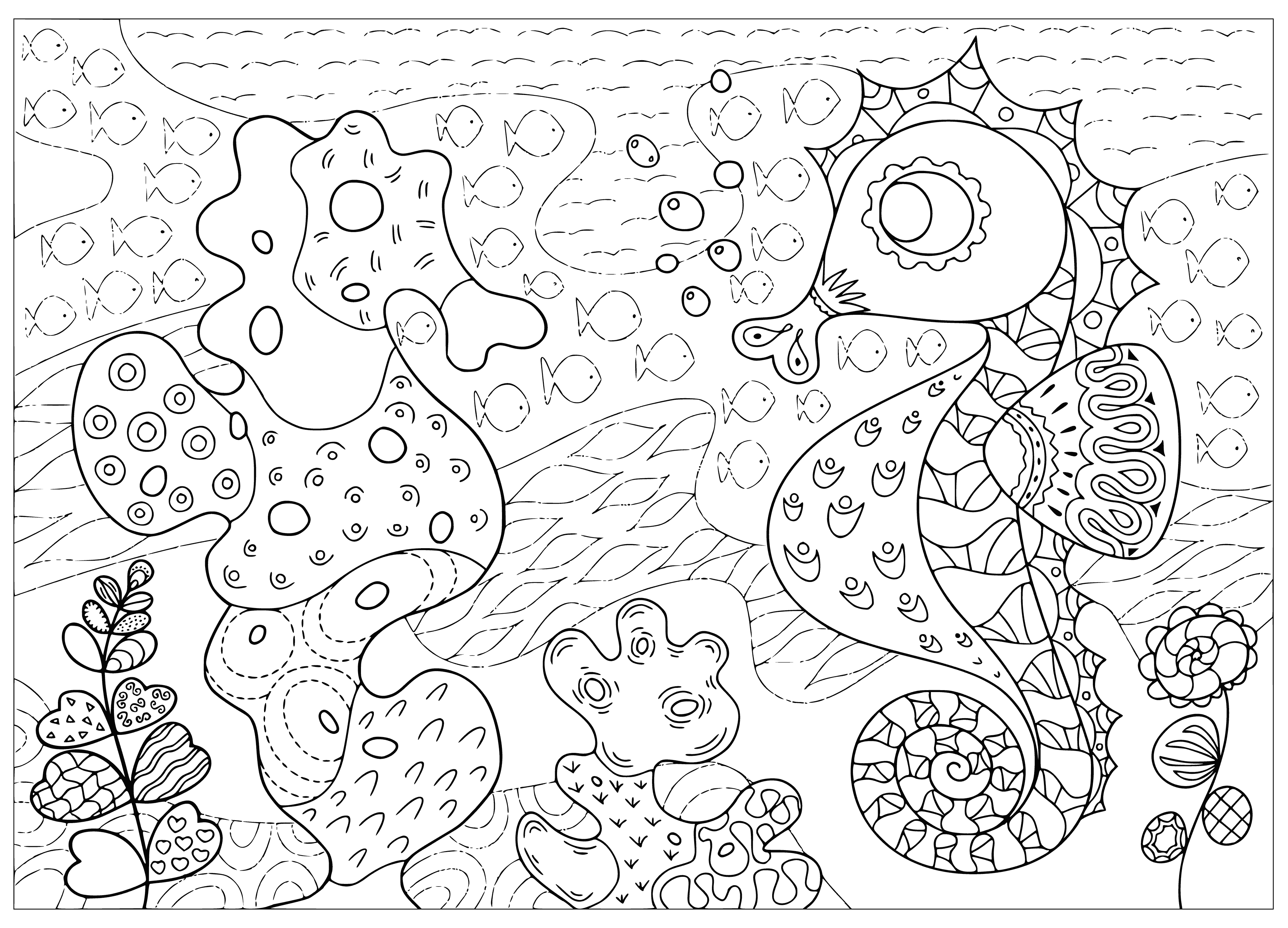 coloring page: Seahorse winds its tail around coral in a peaceful, colorful scene - a calming coloring page.