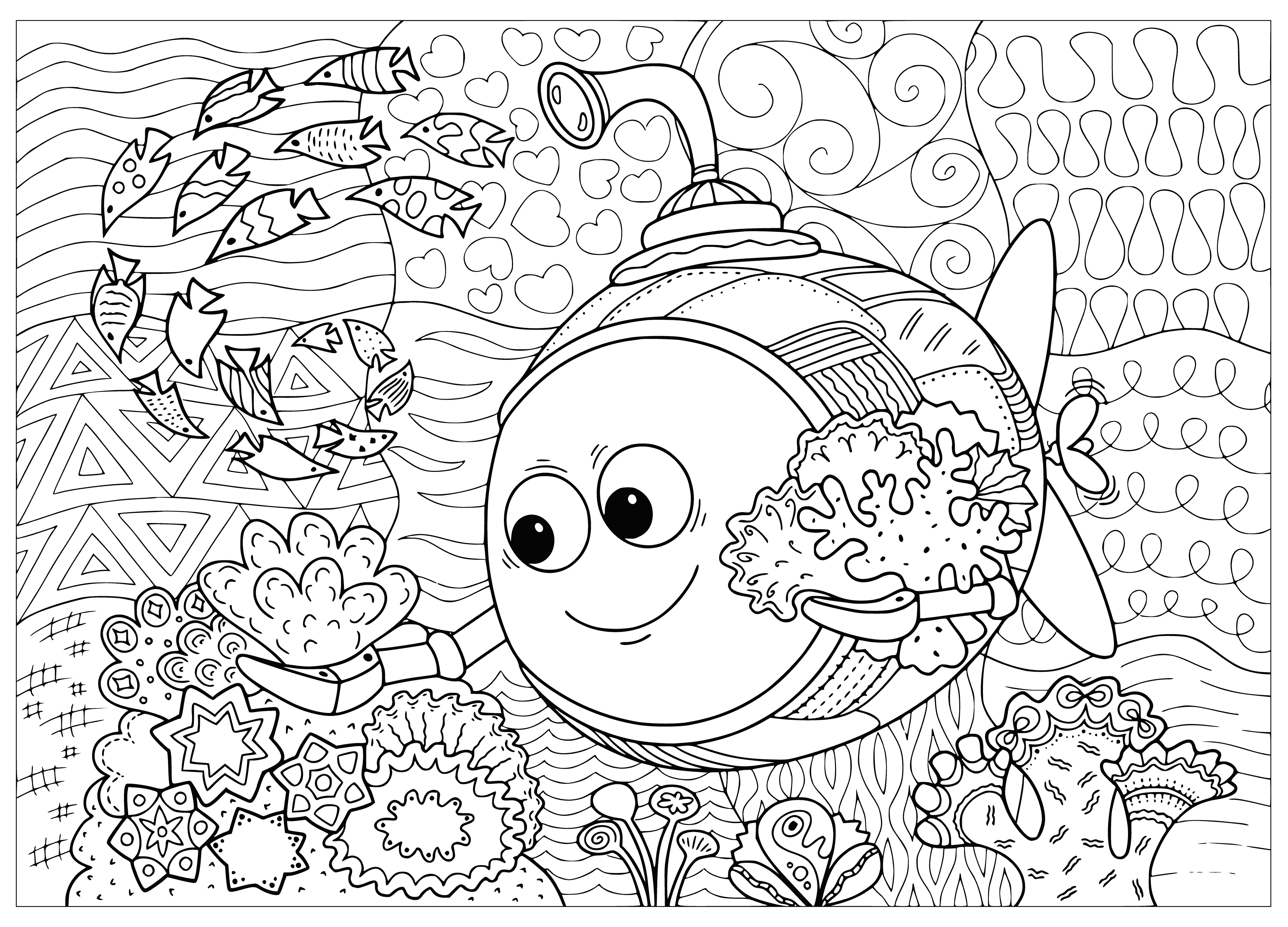 coloring page: Small yellow sub among bright coral & fish; helmeted occupant in blue suit searches the sea life through large round window.