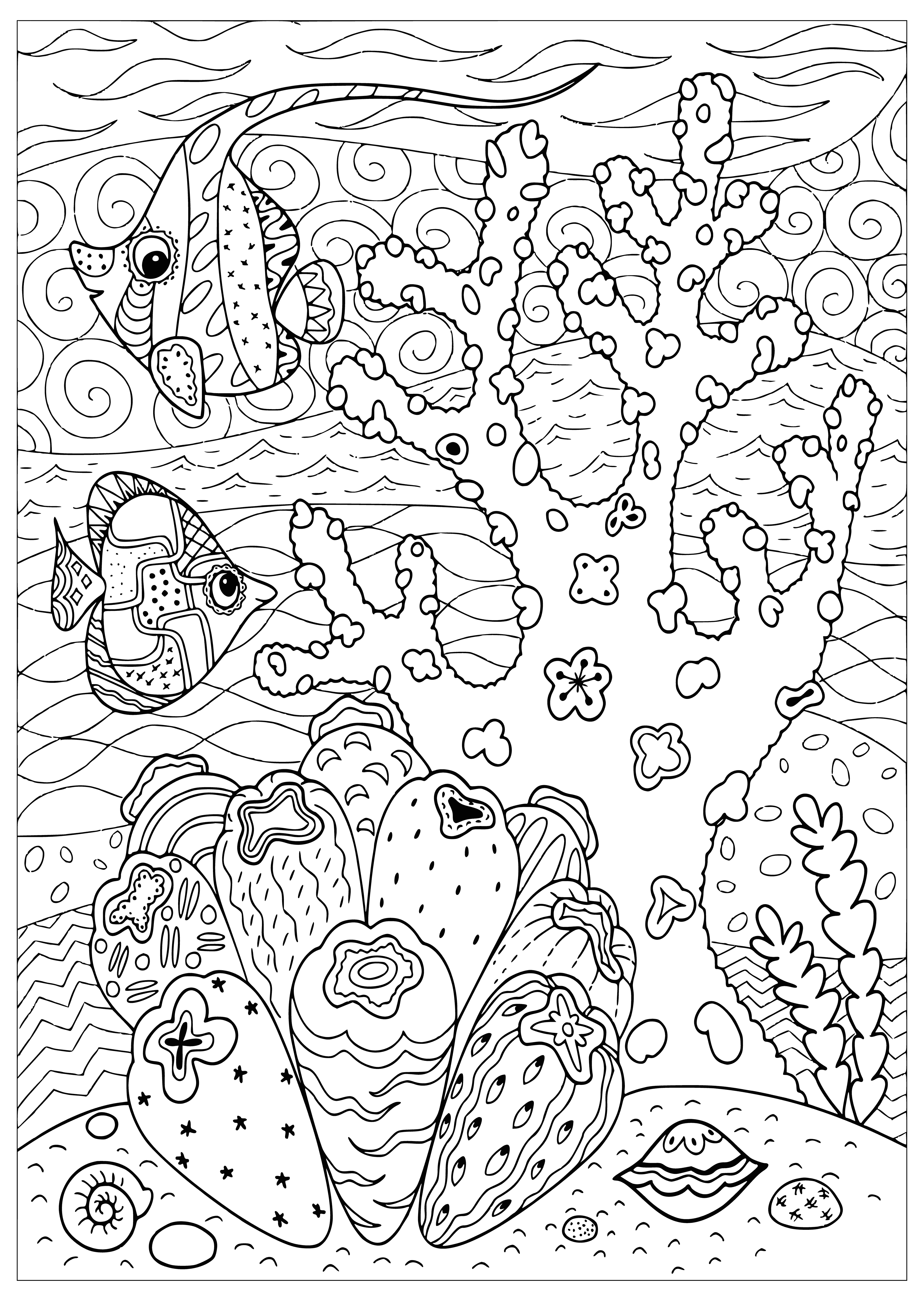 coloring page: Brightly colored fish, coral, & other sea life found in a vibrant coral reef. Some are swimming & others are hiding in the coral.