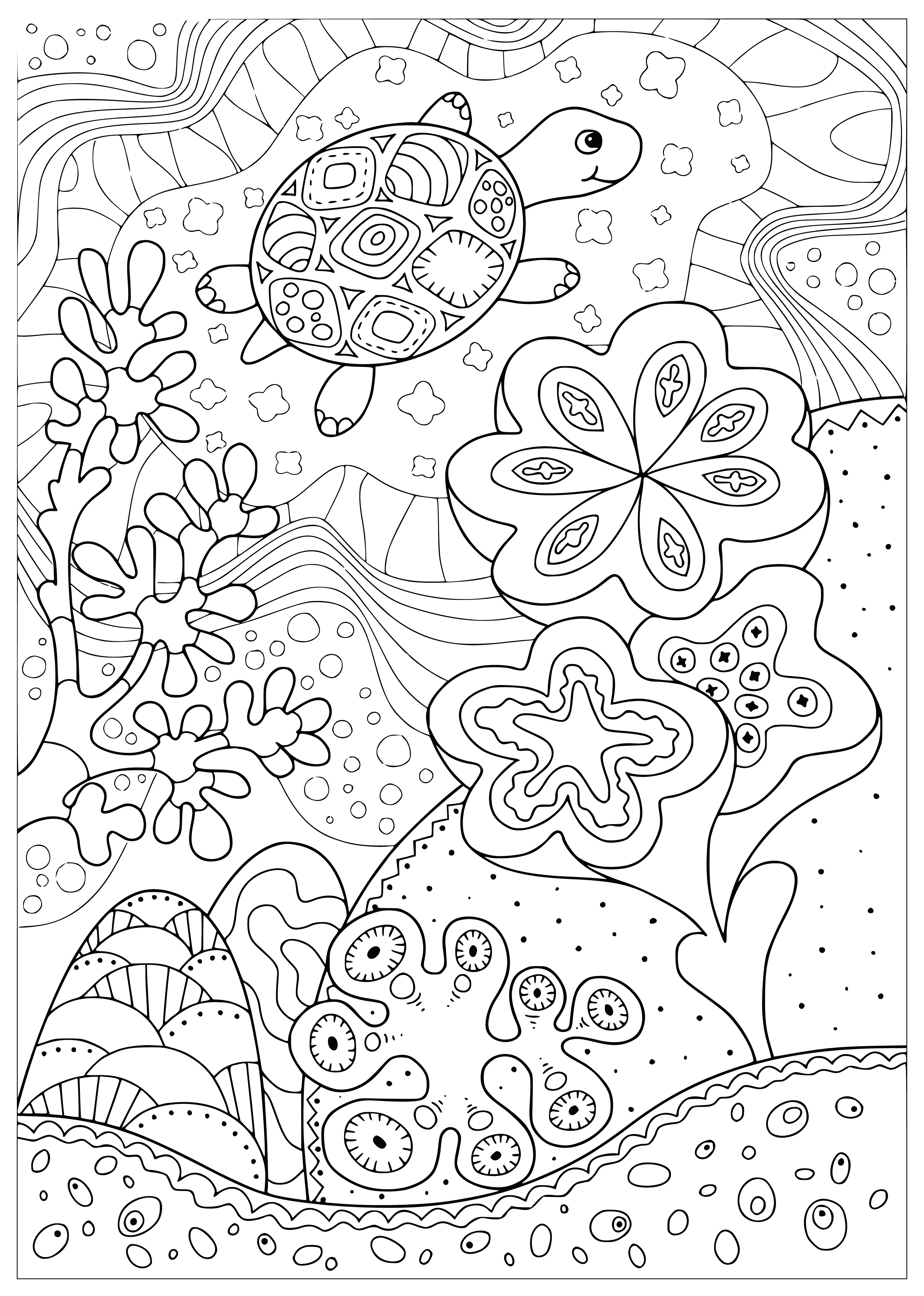 coloring page: Large sea turtle swimming in colorful coral reef; dark combined w/light undershell; long neck & tail; powerful flippers; lots of different fish.