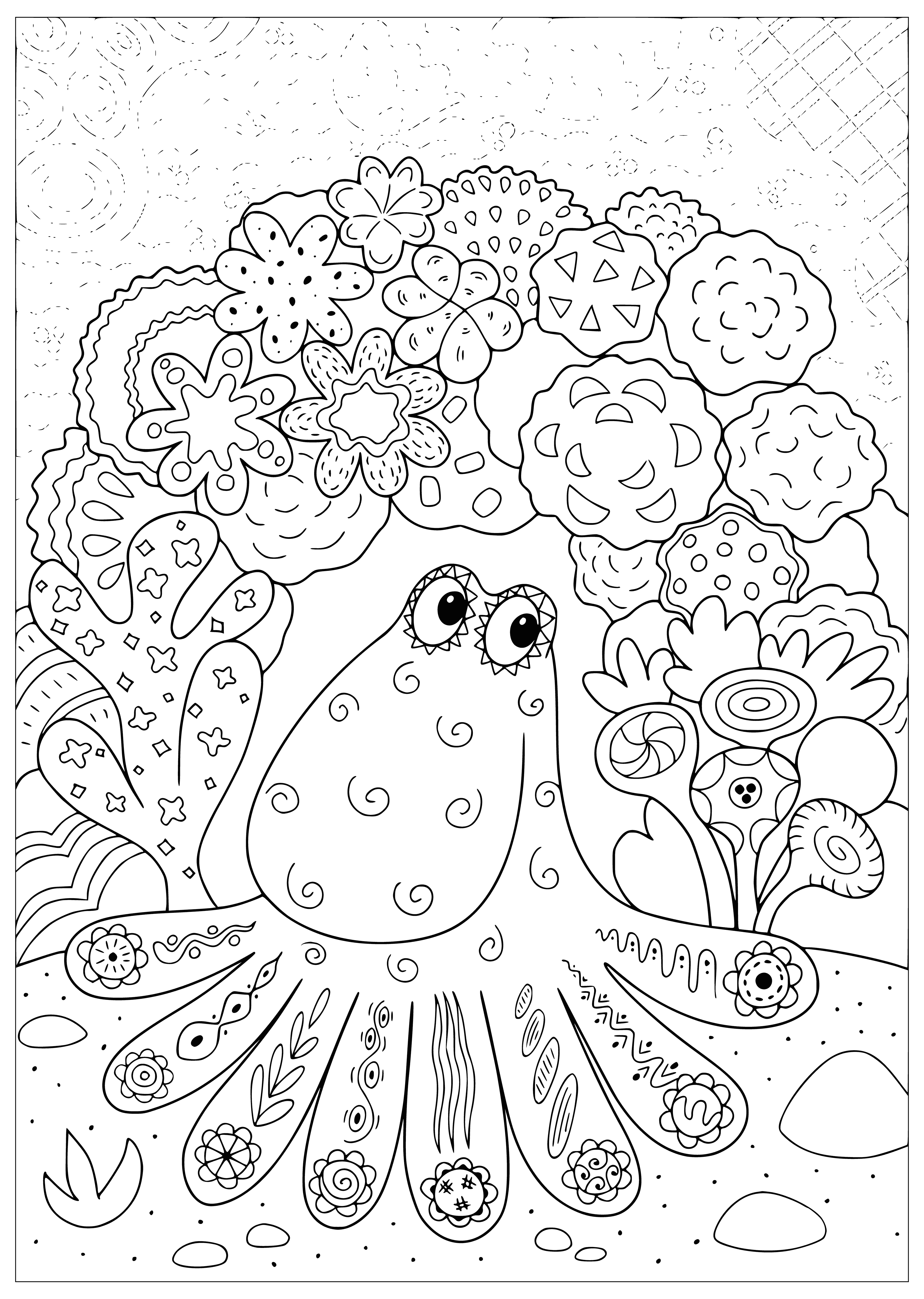 coloring page: Adults-only coloring book page: Large octopus, fish, light blue body, deep black eyes. Background light blue-green with darker shading.