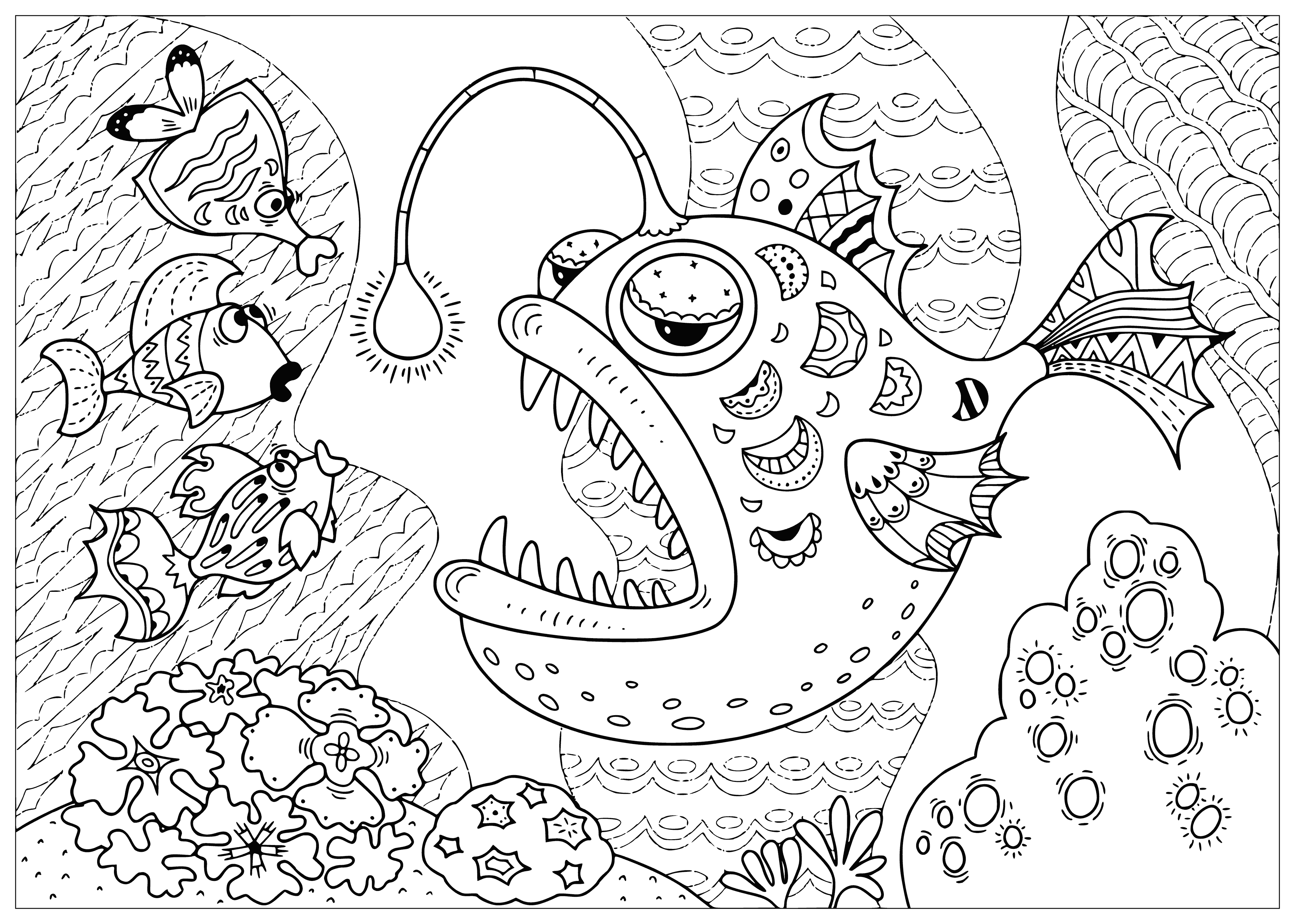 coloring page: Fish with streamers swims in blue water and coral with small colorful fish on left side of page. #coloring #fish #coral