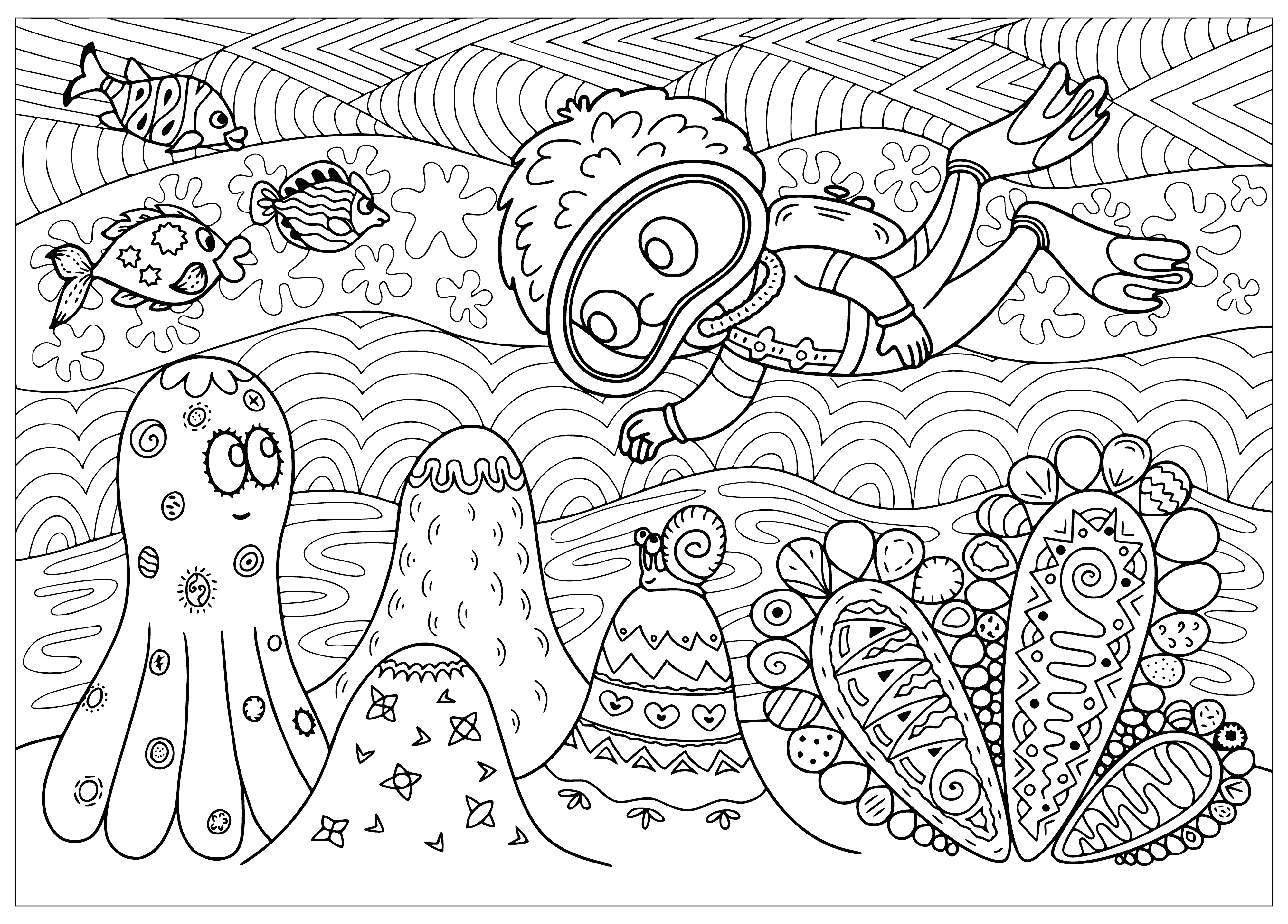 coloring page: Scuba diver surrounded by beautiful fish and coral, creating a peaceful, calming scene under the sea.