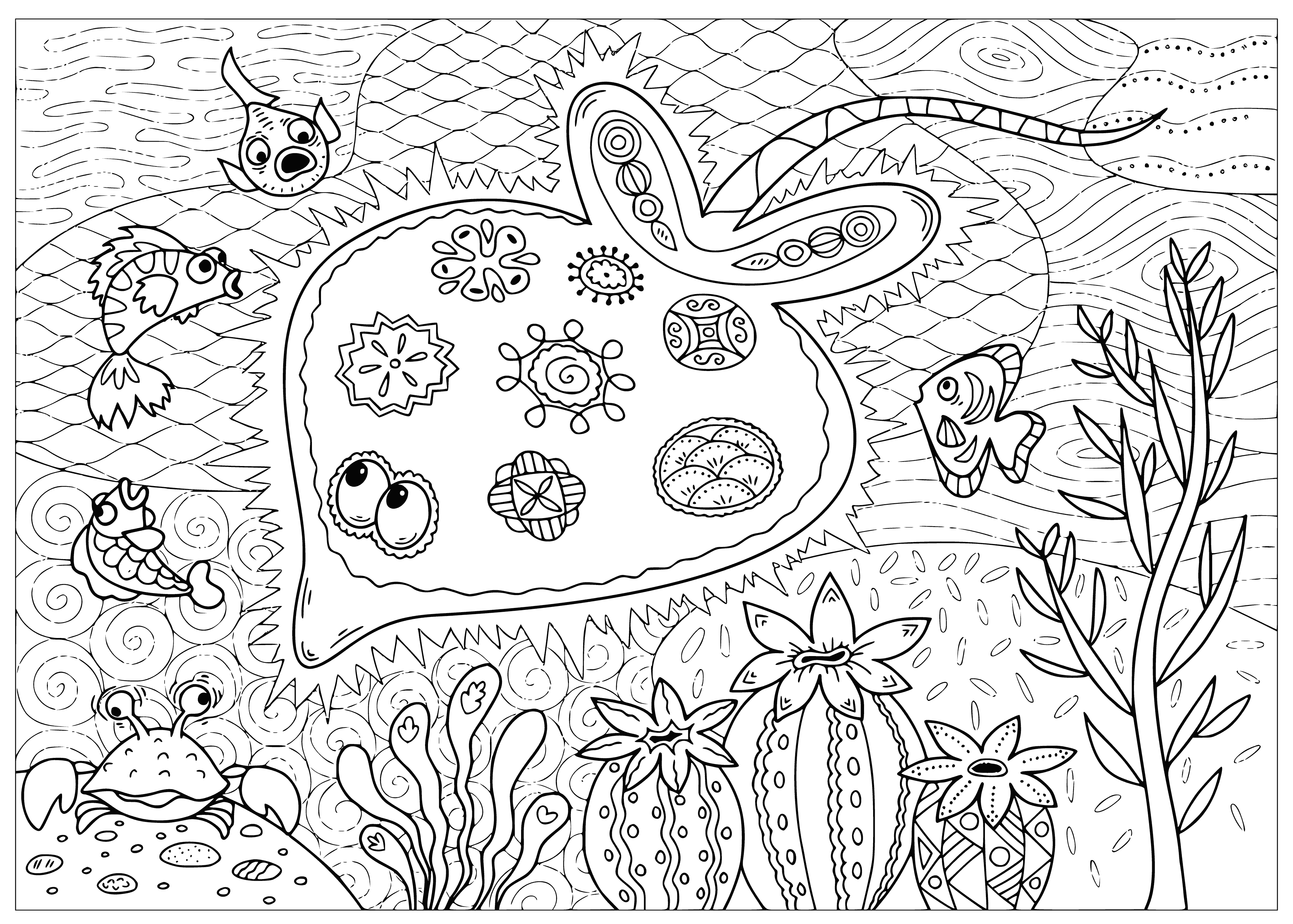 coloring page: Electric stingray swims in sea with long tail, barb, light blue w/ darker spots, surrounded by small fish.