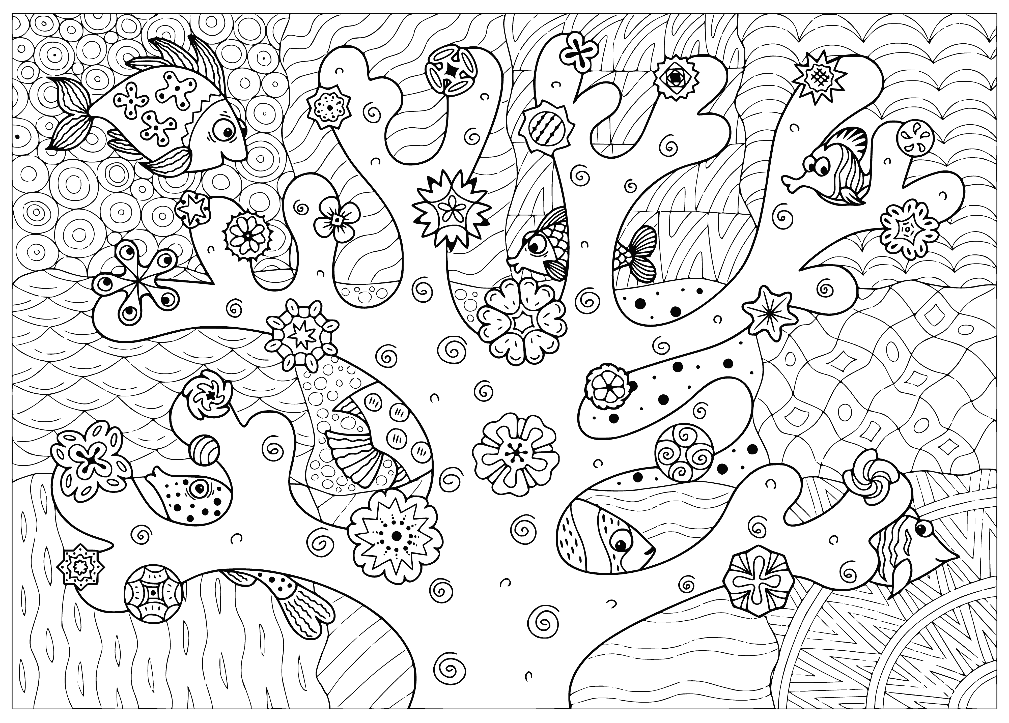 coloring page: Undersea scene w/ coral reefs and tropical fish; colors soothing and great for destressing and relaxing.