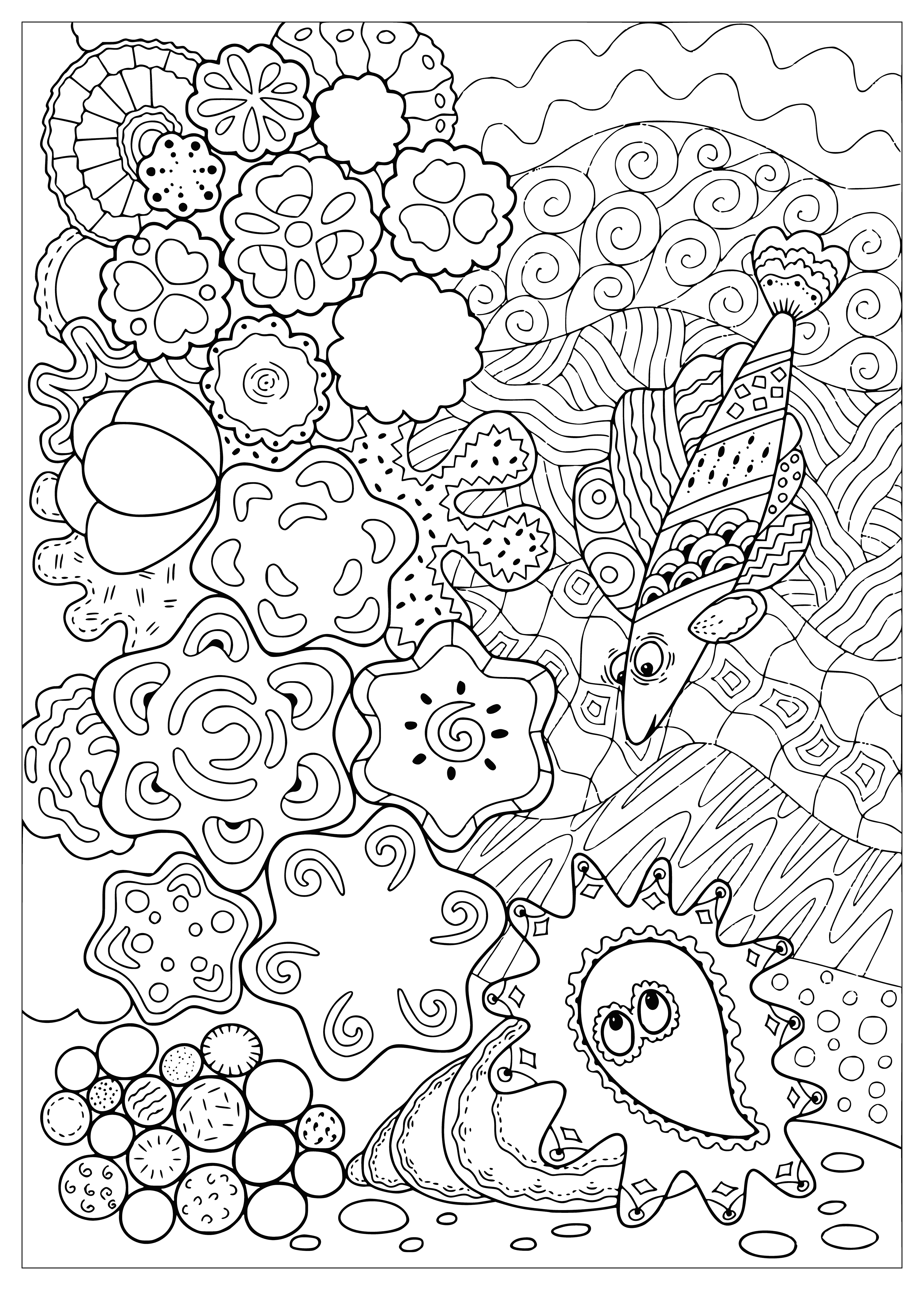 coloring page: A tranquil underwater scene with fish, coral and a turtle. Perfect for coloring & relaxation with calming colors.