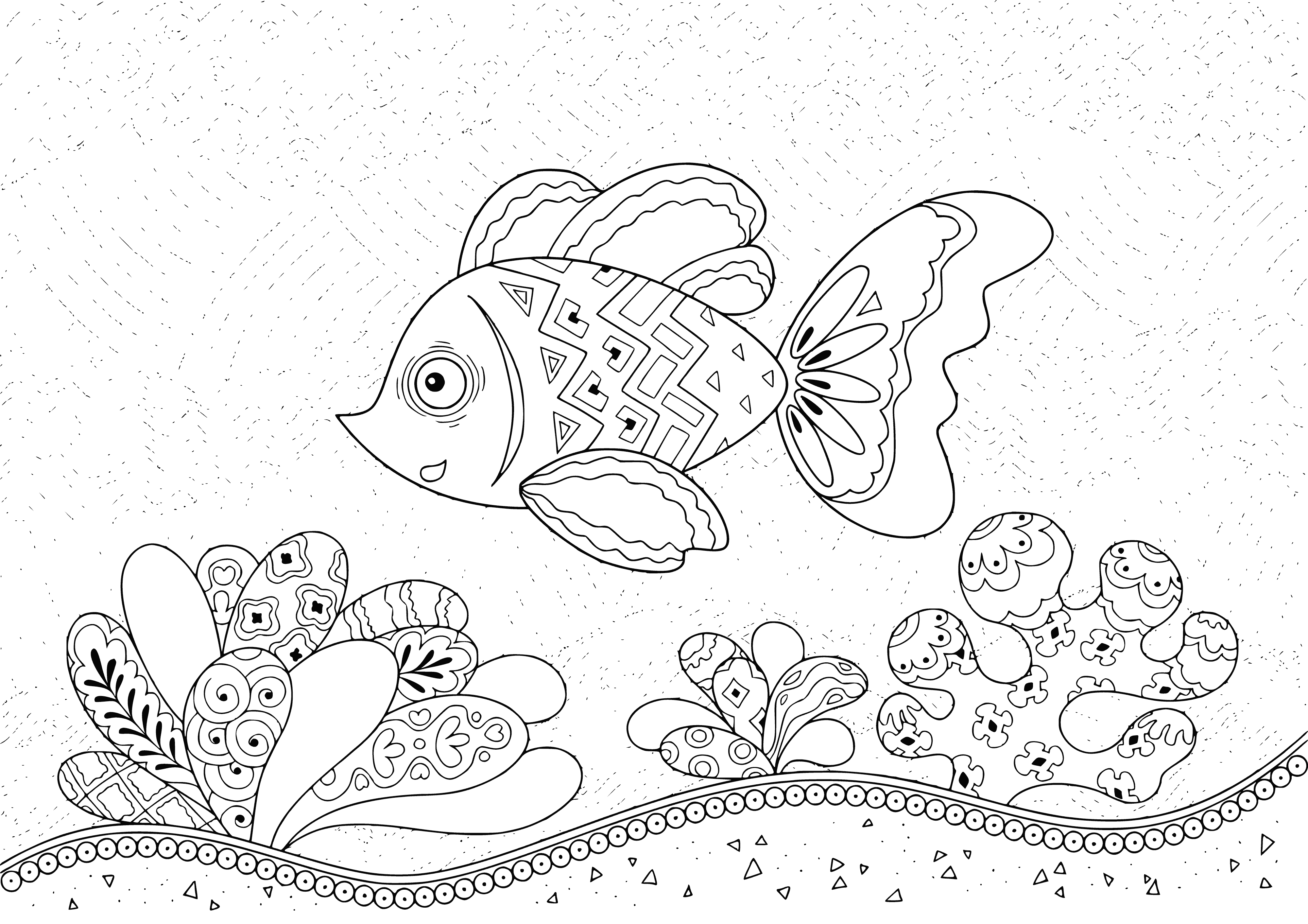 coloring page: Many fish of different sizes & colors - some near surface, others lower. Plus, a plant in the center of page. #oceanlife