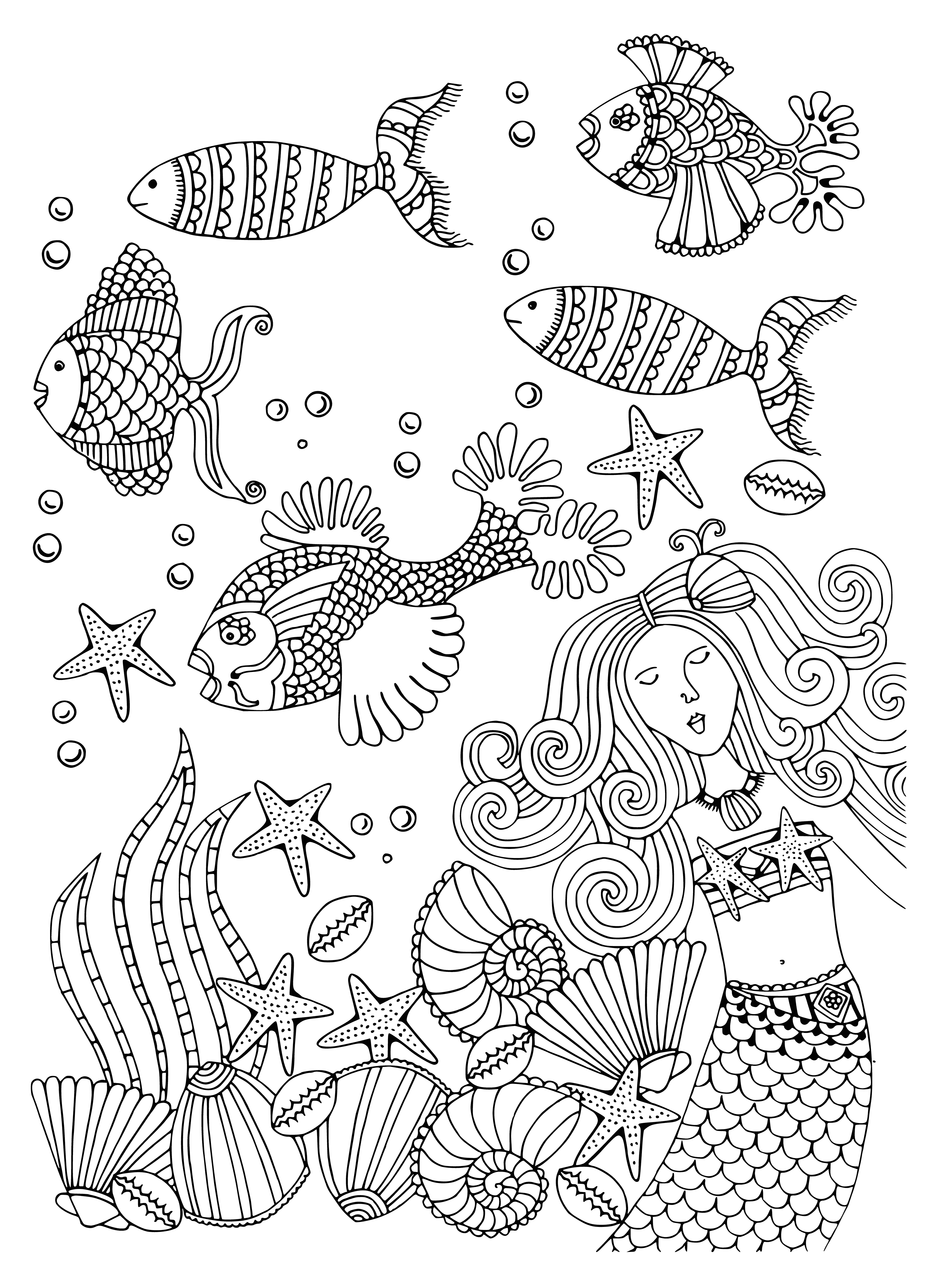 coloring page: A beautiful mermaid with yellow hair and a green tail, wearing a purple bikini and a purple crown with green jewels, surrounded by orange and blue fishes.