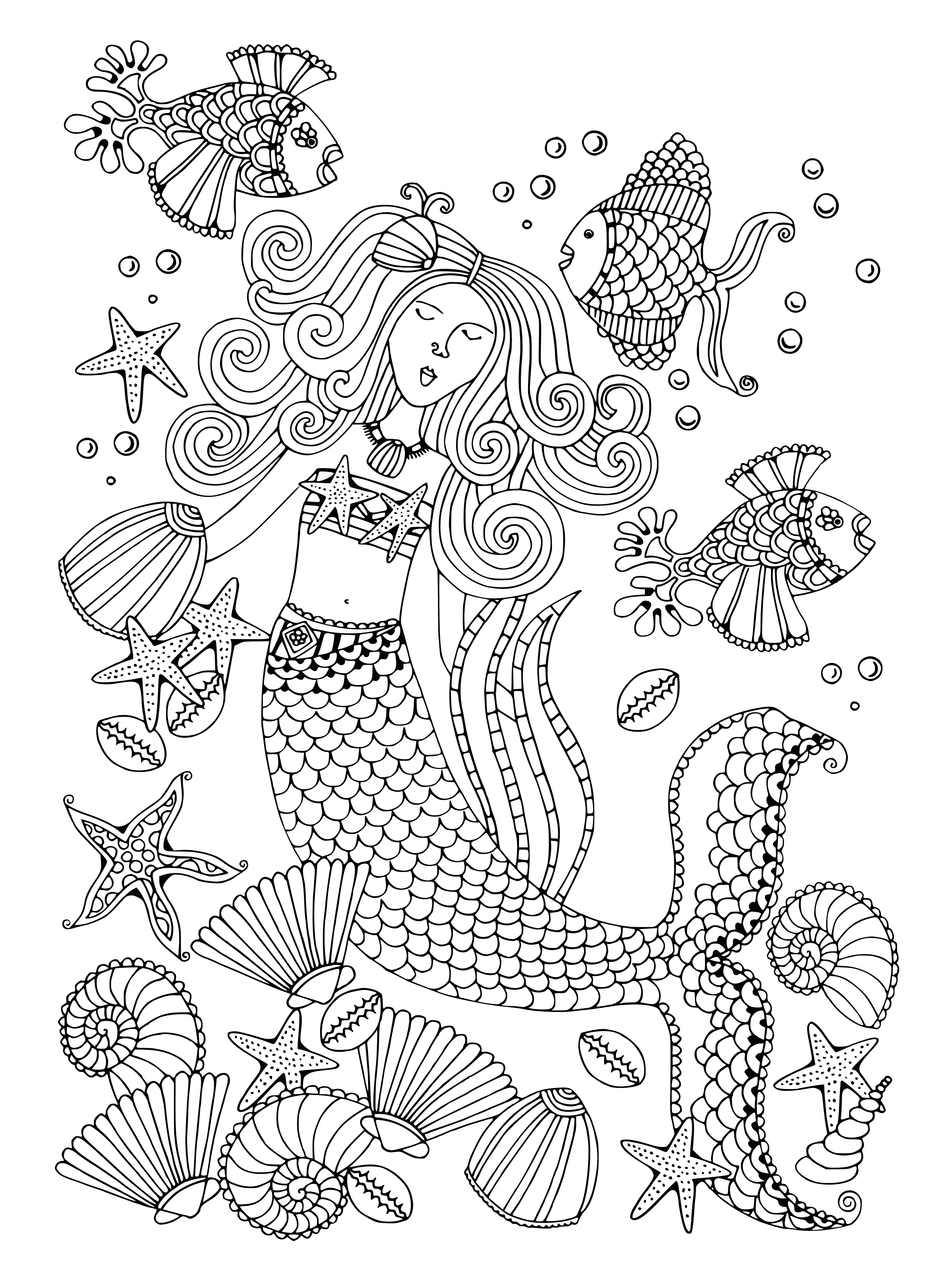 coloring page: A mermaid swims in an ocean with her purple fish friend. Her blonde hair flows behind her as they explore. #MermaidLife
