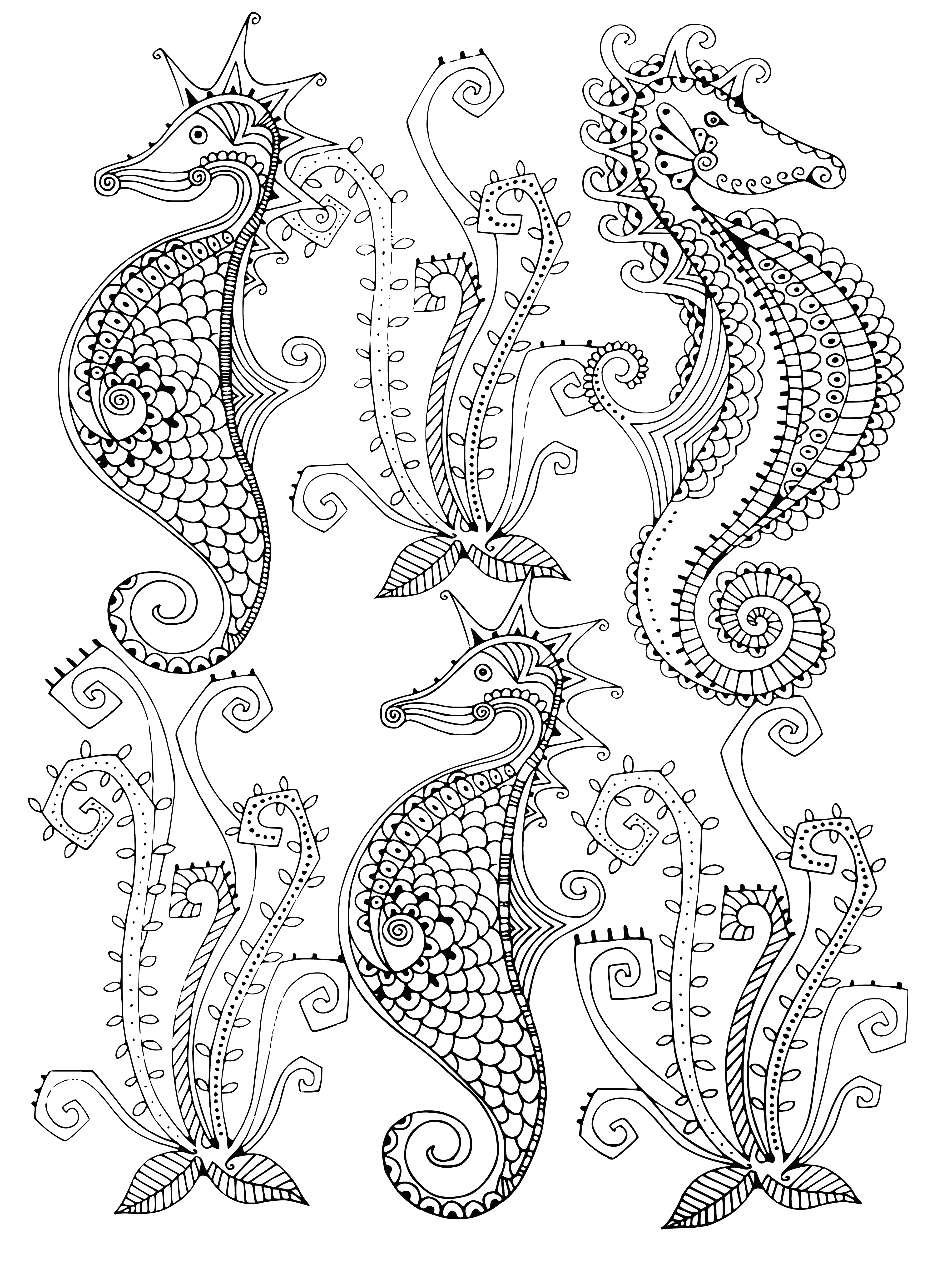 coloring page: Sea horses swim in a green ocean: yellow & green with orange stripes & spots, long bodies & horsy heads. #coloringpage