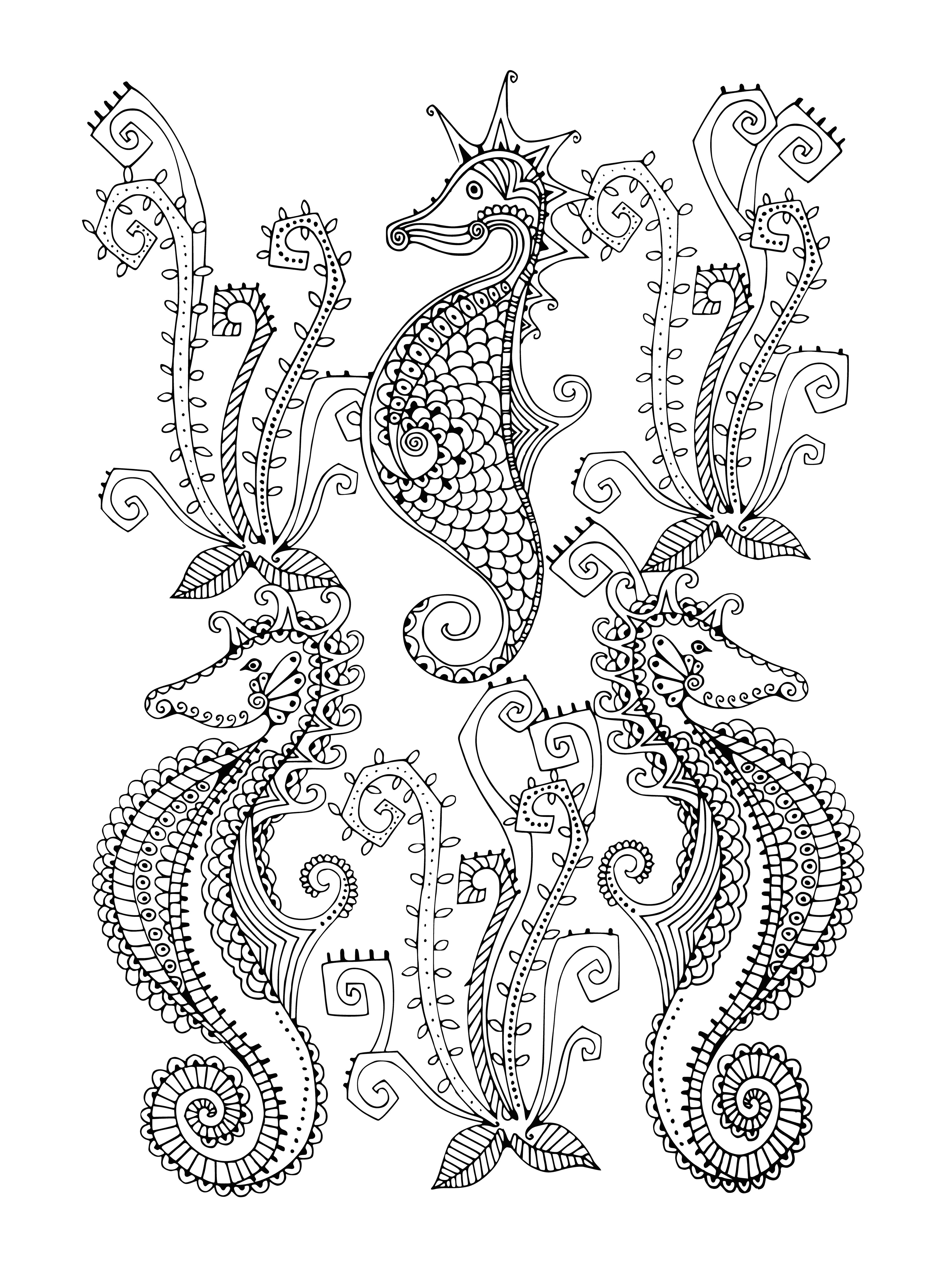 coloring page: Horses swim through the ocean, surrounded by coral & seaweed, with the sun shining down on their long tails. Fish swim among the plants.