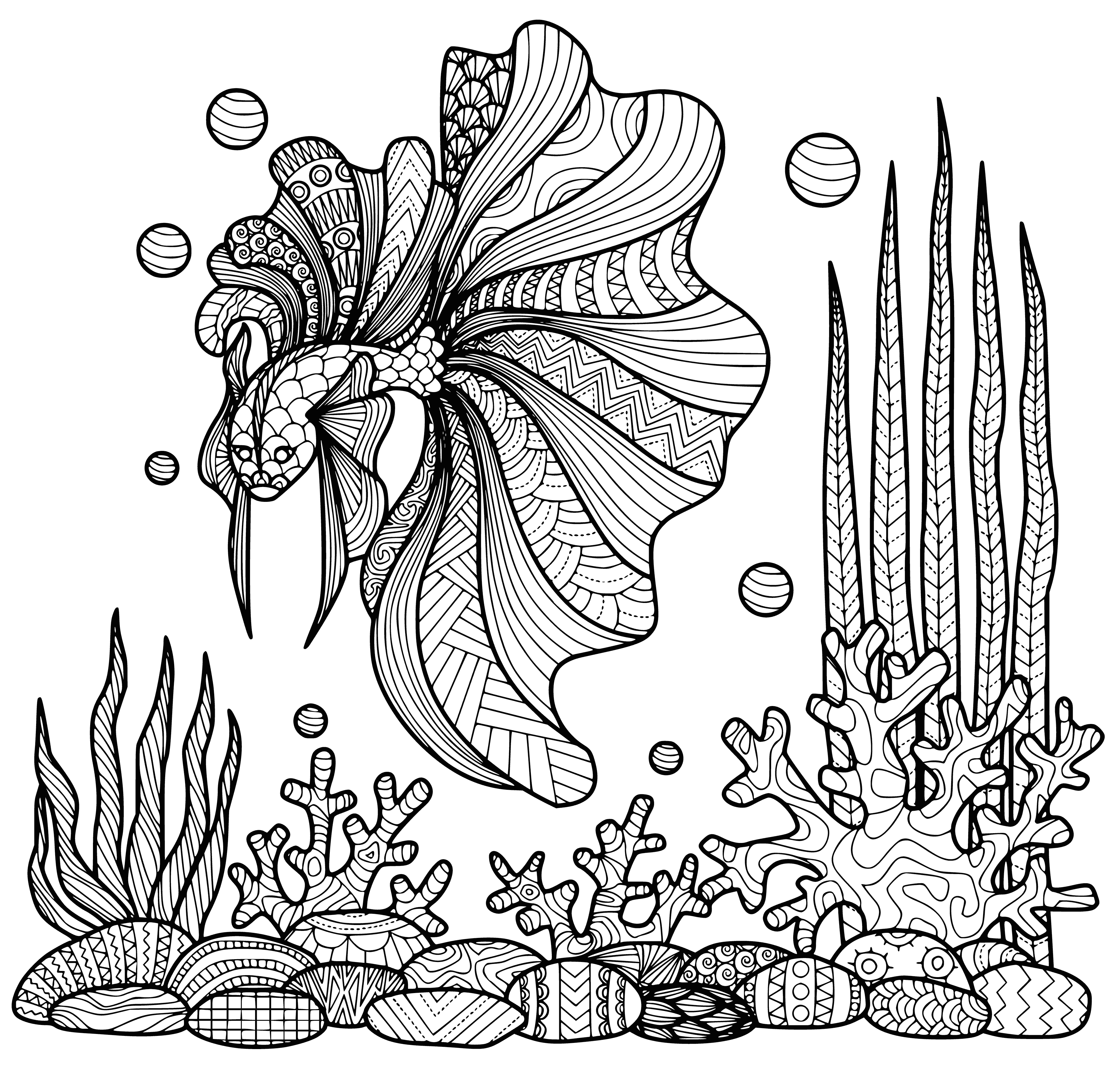 coloring page: Underwater scene with a large fish & smaller fish, coral, & seaweed - a perfect page to relax & color! #AdultColoring