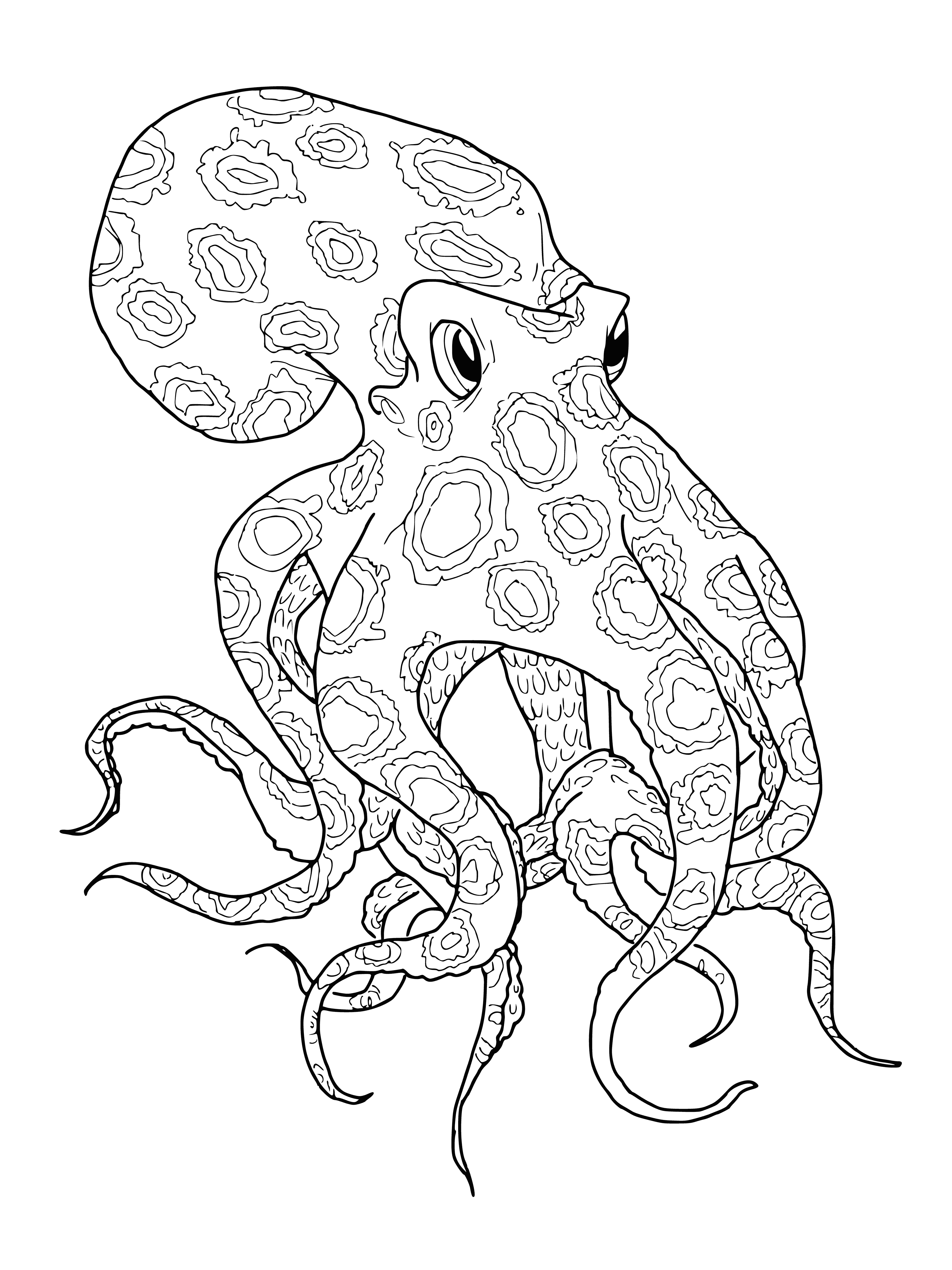 coloring page: A large blue octopus and small fish swim among a peaceful blue-green coral.