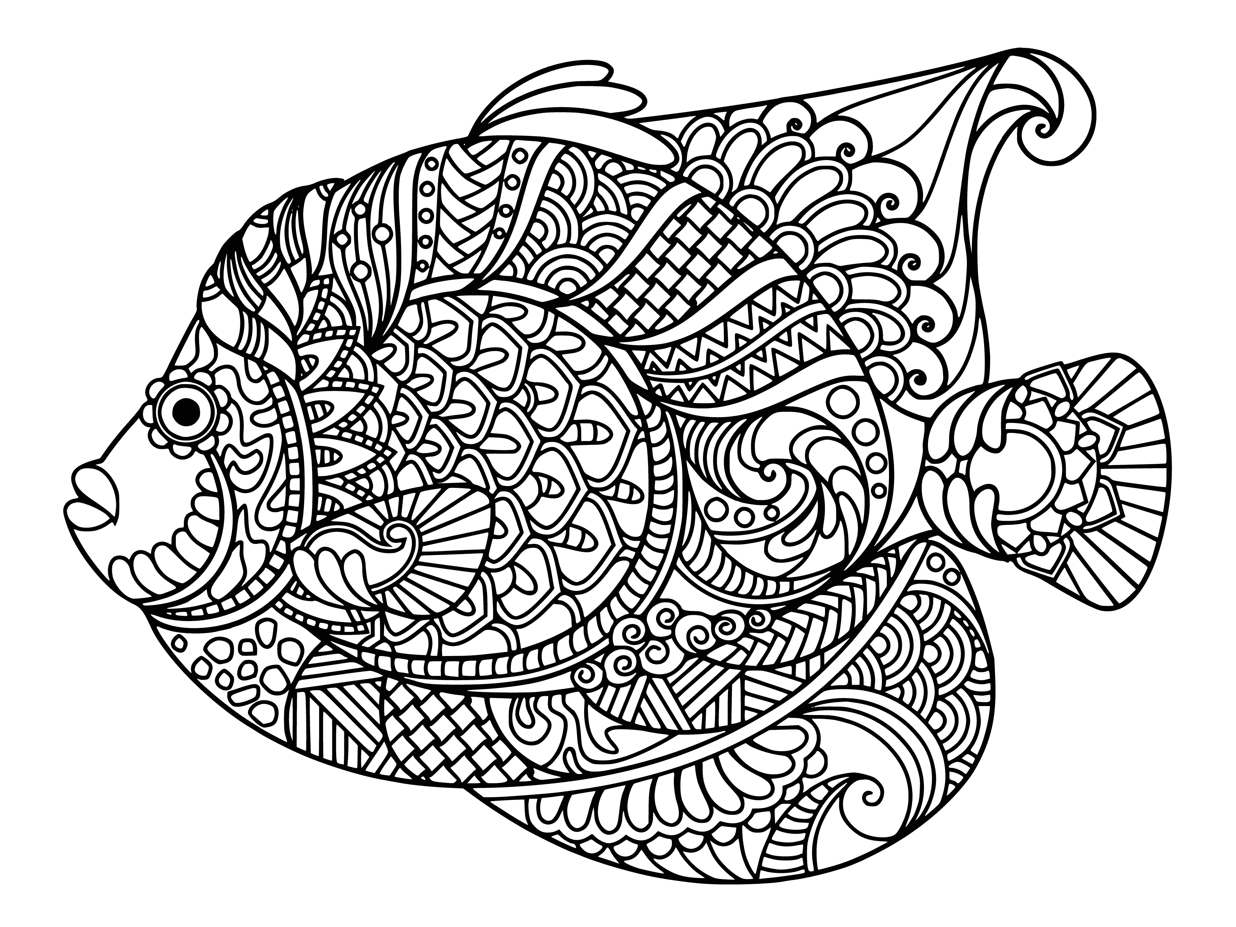 coloring page: Fish angel coloring page with bright colors & intricate patterns, surrounded by smaller fish swimming in different directions - creating a peaceful atmosphere.