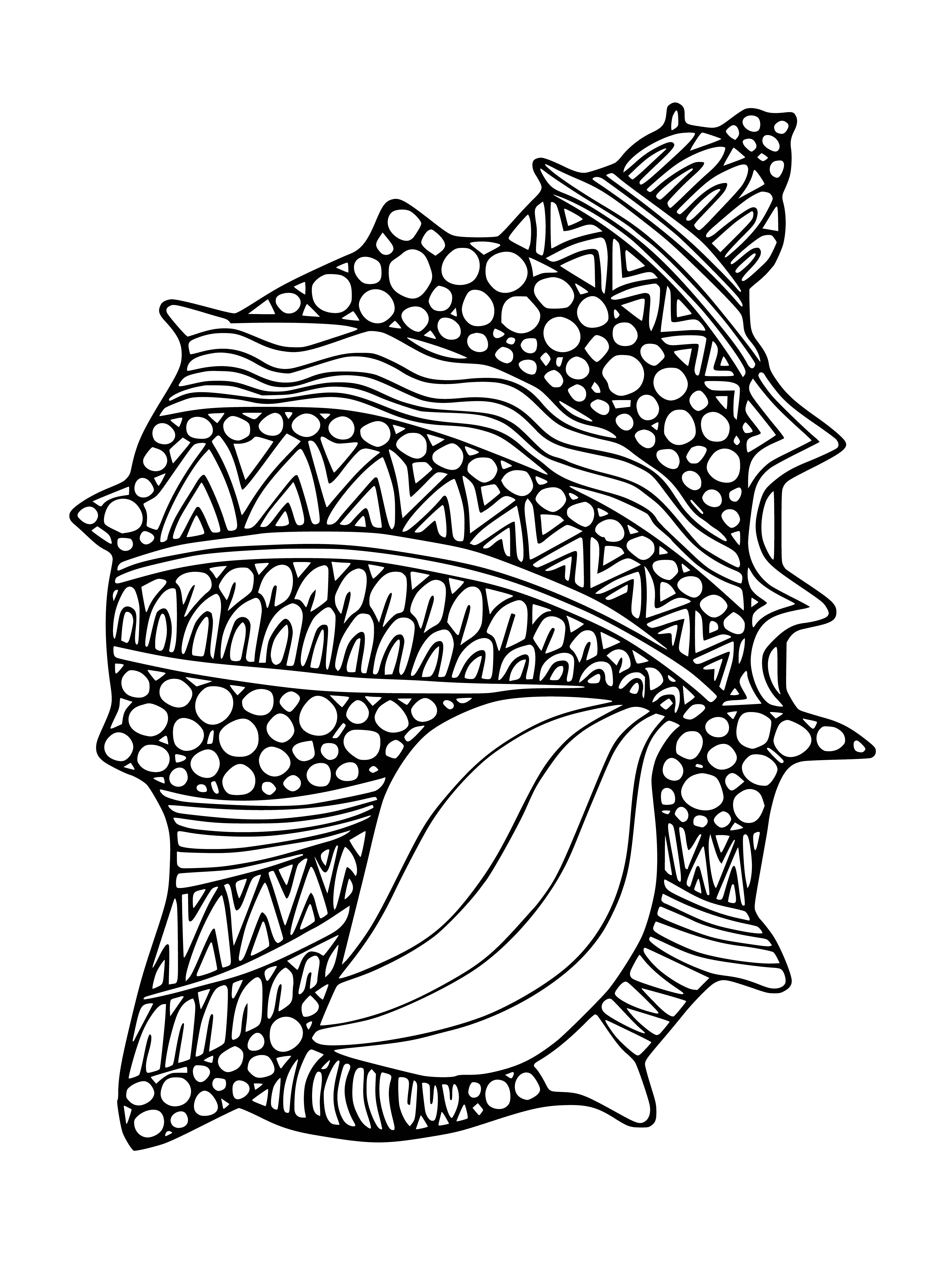 coloring page: illustrated ocean scene with conch shell & assorted creatures: starfish, seahorse, fish, & crab in shades of pink, purple, blue & green.