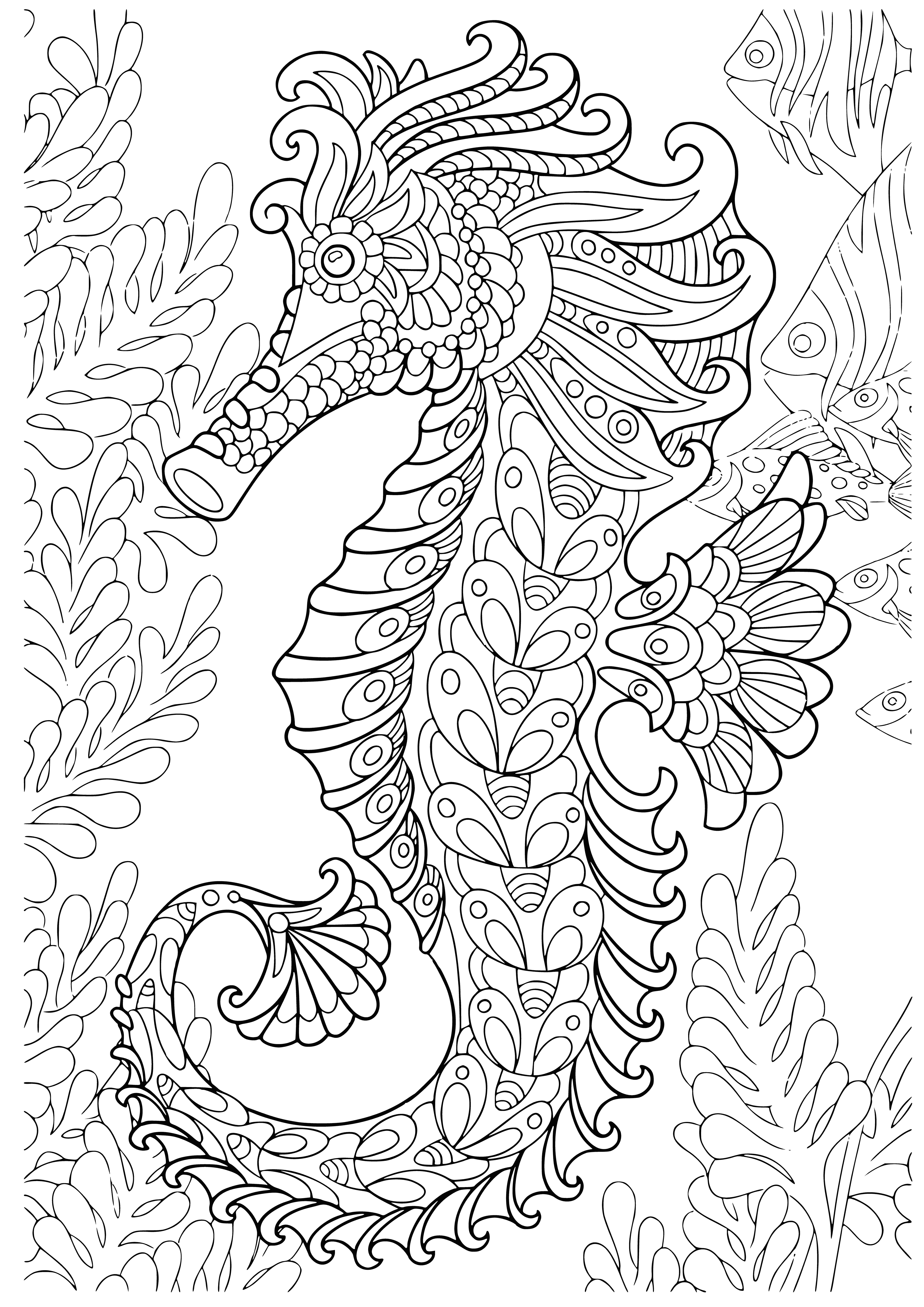 coloring page: A sea horse drifts near the ocean floor, a show of majestic blues, greens, and purples. Its tail wraps around a rock, and small fish dart nearby. A school of brightly-colored fish swims in the distance.