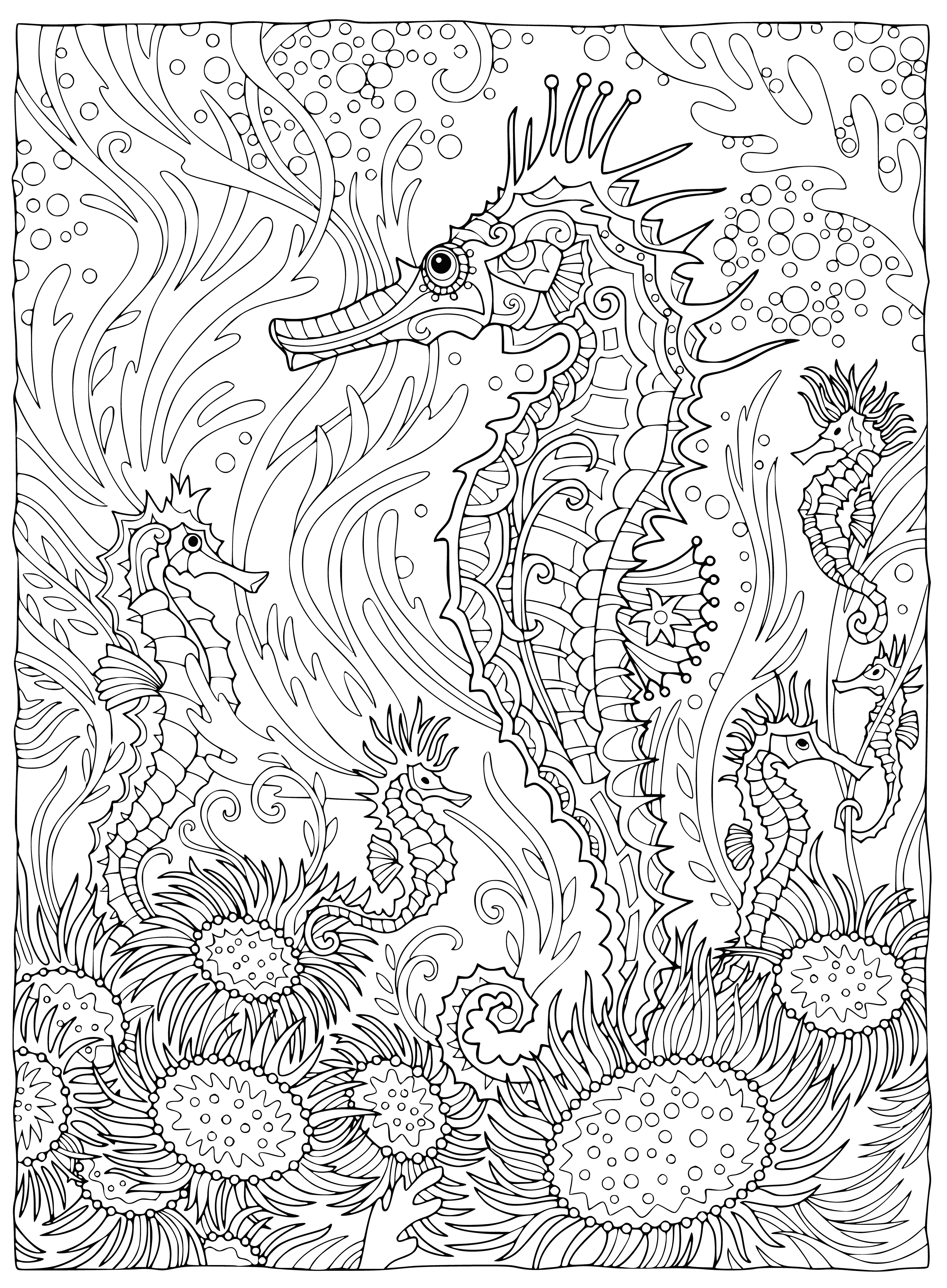 coloring page: A sea horse swims among fishes & plants in a circular pattern on this coloring page.