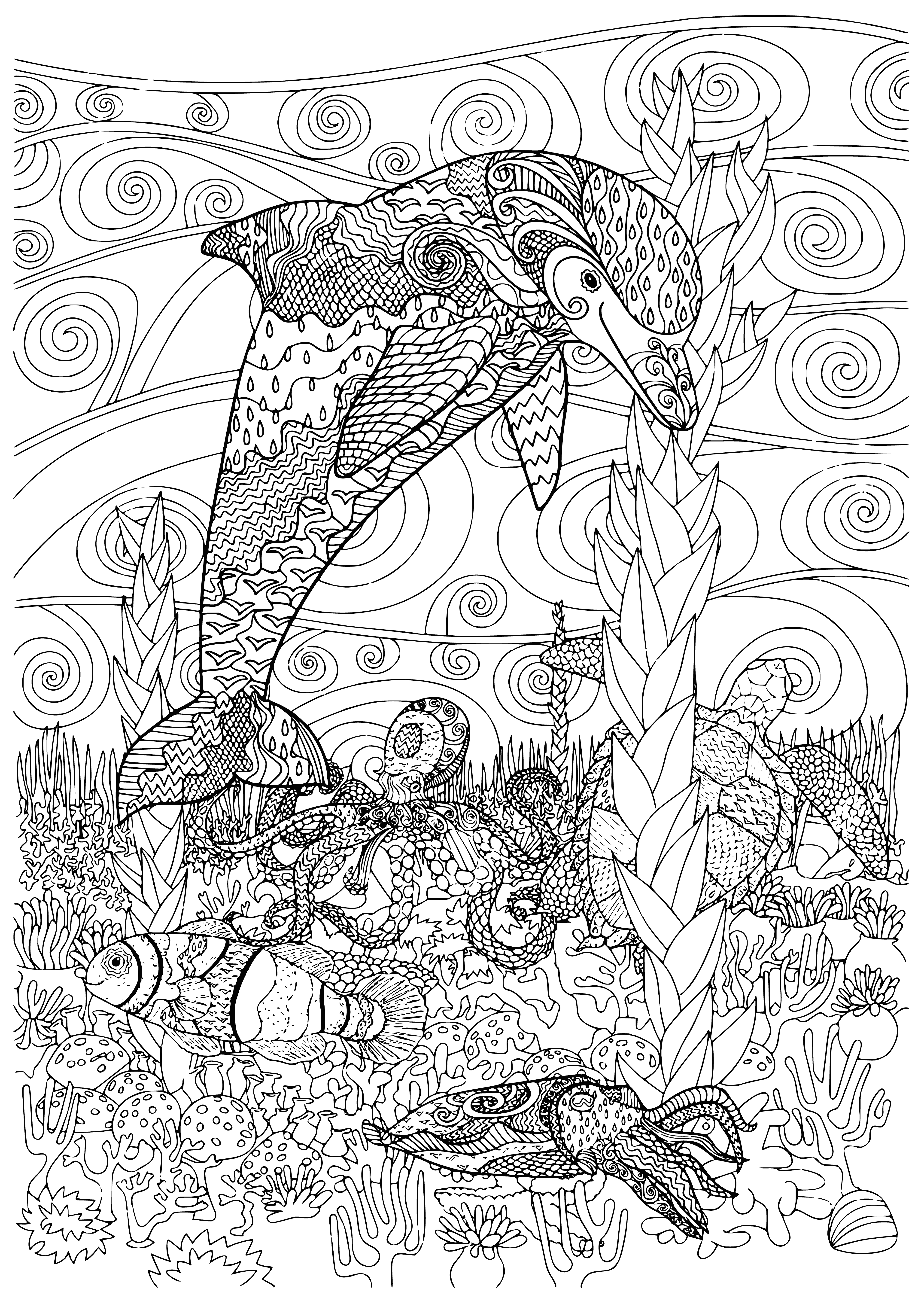coloring page: A gray and white dolphin swims through a sea of colorful fish, free and happy.