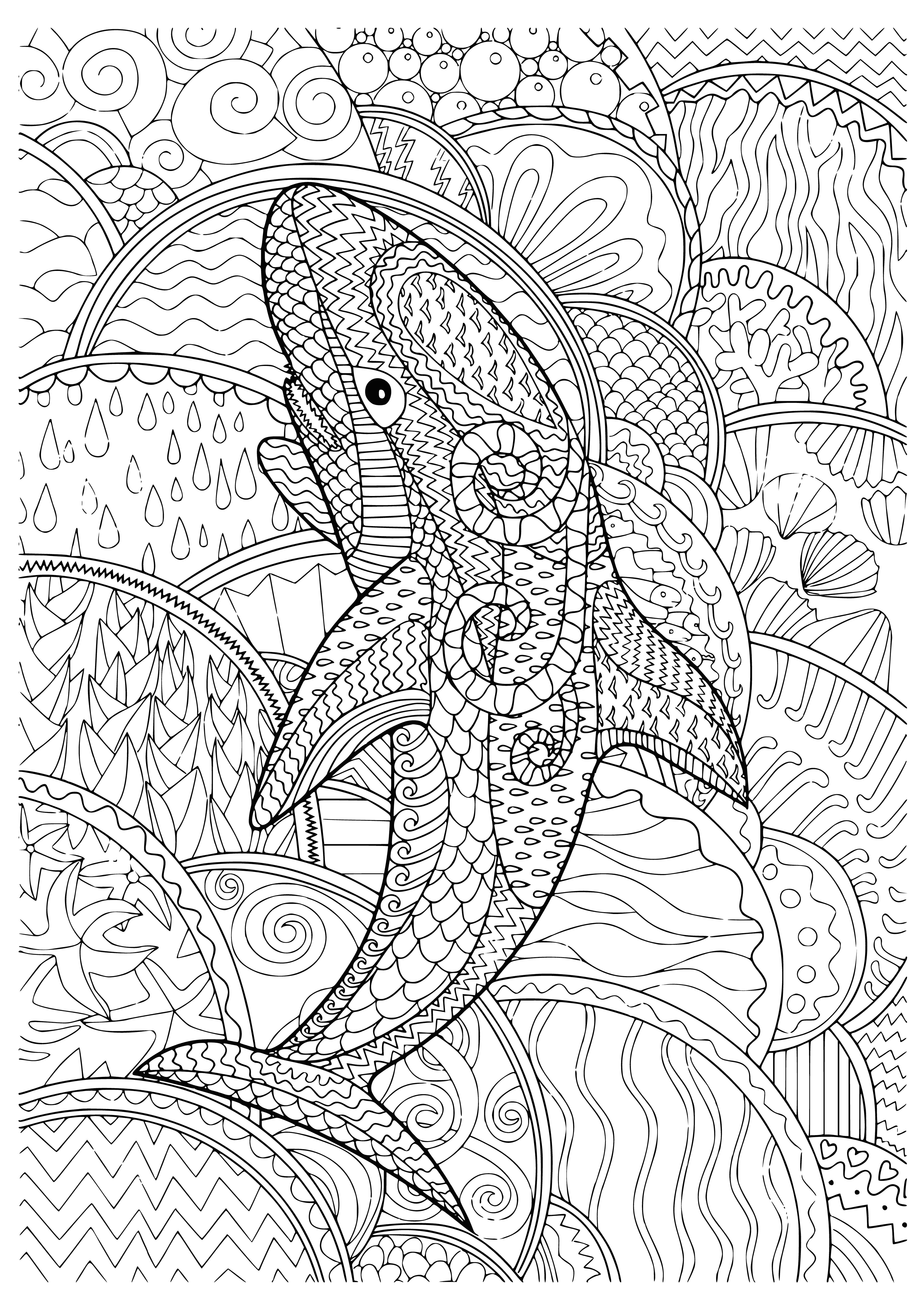 coloring page: Shark: large, cartilaginous fish w/ long, flat body, wide snout, dark blue upper surface & white underside. Has large 1st dorsal/small 2nd dorsal & anal fin, long curved tail & sharp triangular teeth.