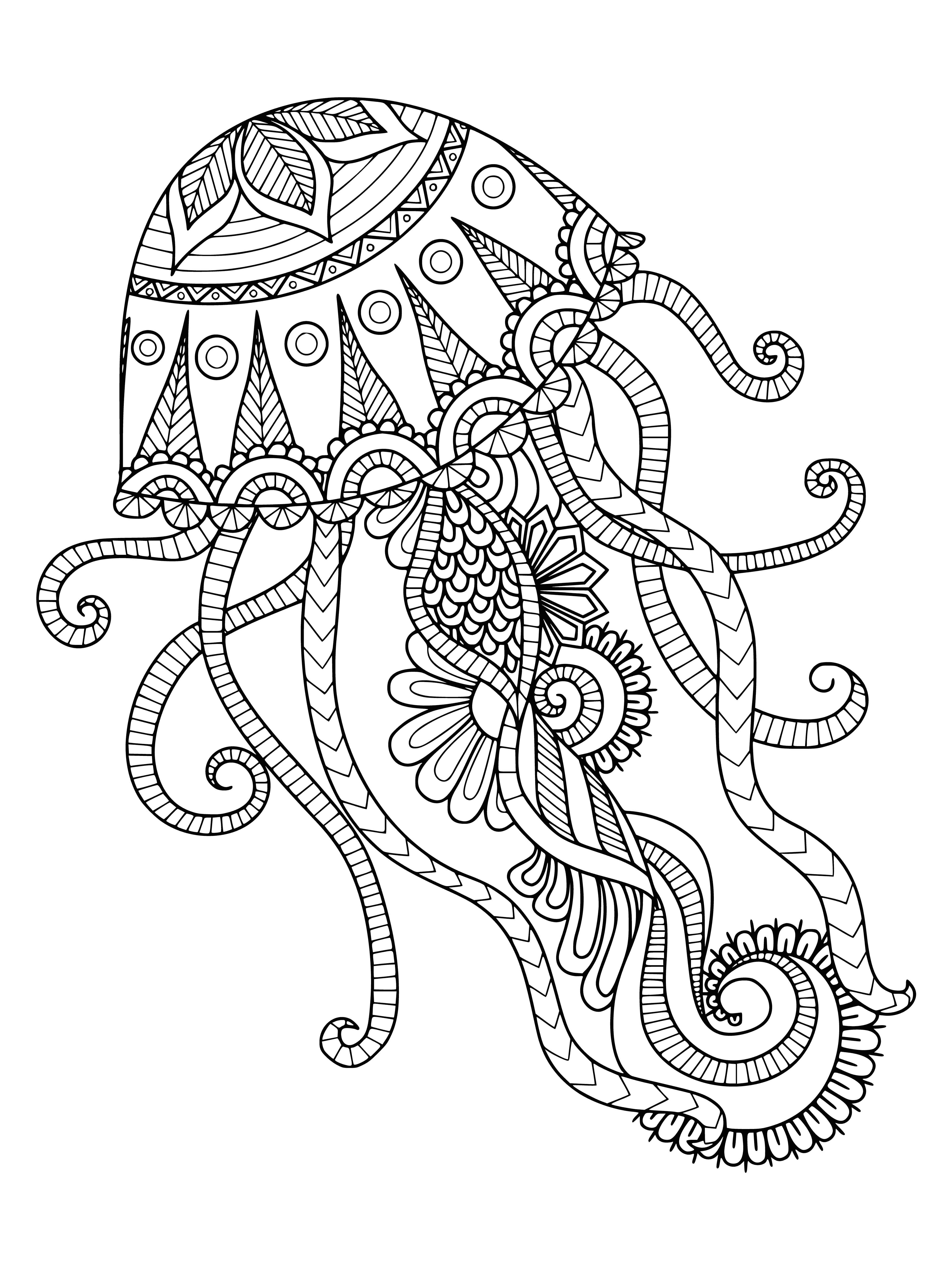 coloring page: Coloring page of many jellyfish of varying sizes and colors with both transparent and opaque bodies, and long tentacles. #coloringpage #jellyfish