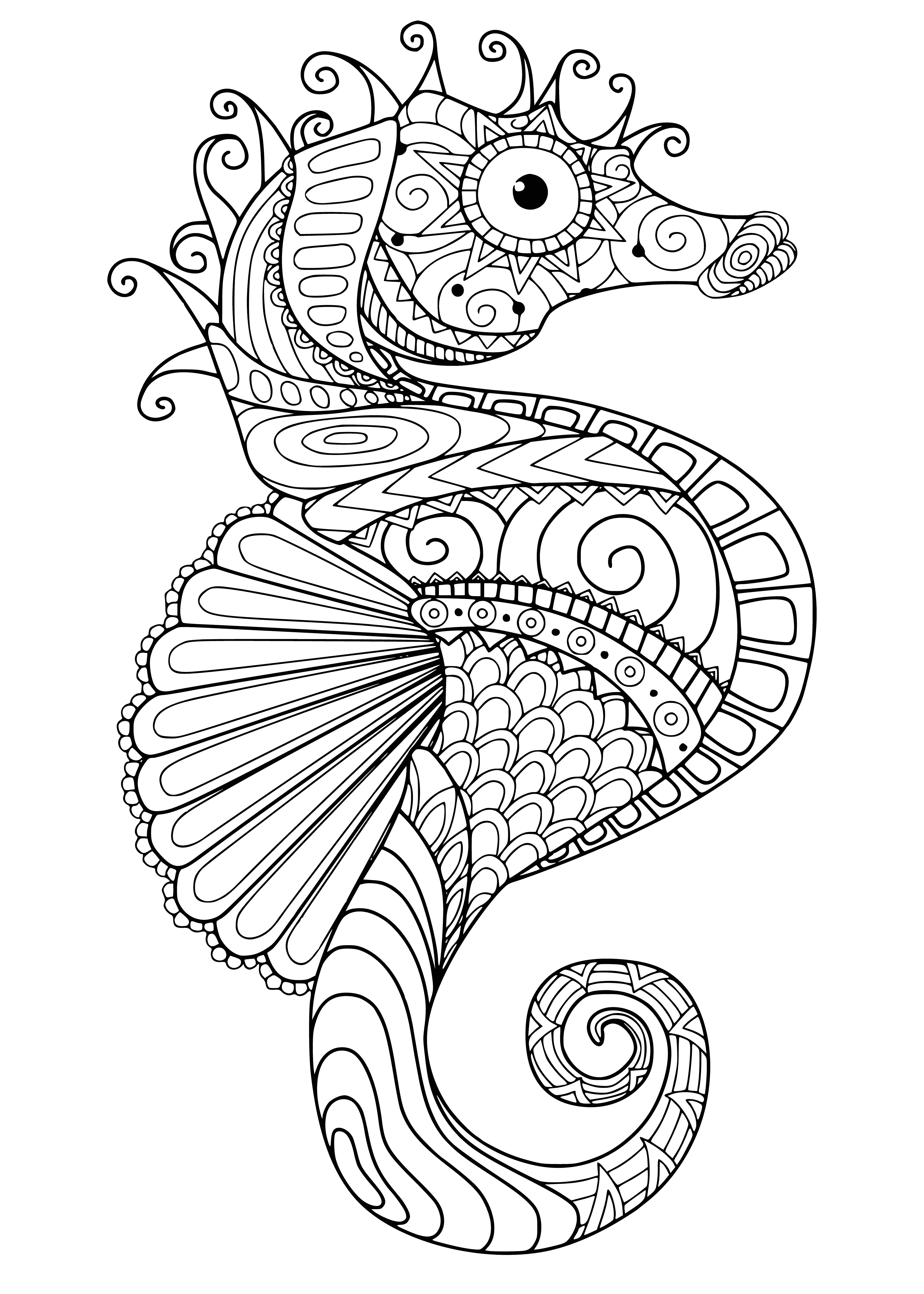 coloring page: The sea horse swims peacefully in a calming ocean, its body covered in colorful scales and its snout and tail long. A beautiful creature at peace with its environment.