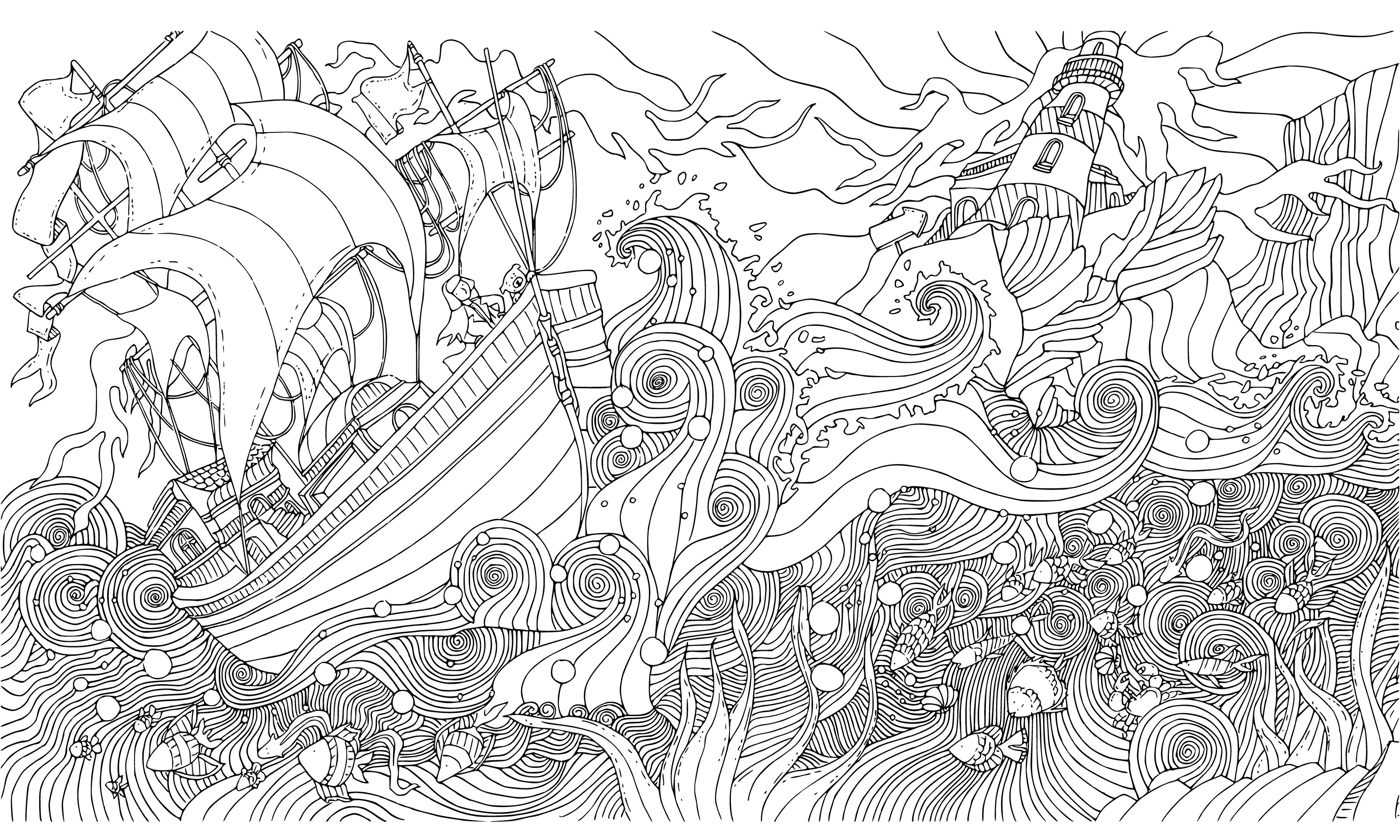 coloring page: Calm and stress-free coloring of a stormy sea scene; waves crashing, wind blowing trees. #adultcoloring #AntiStress