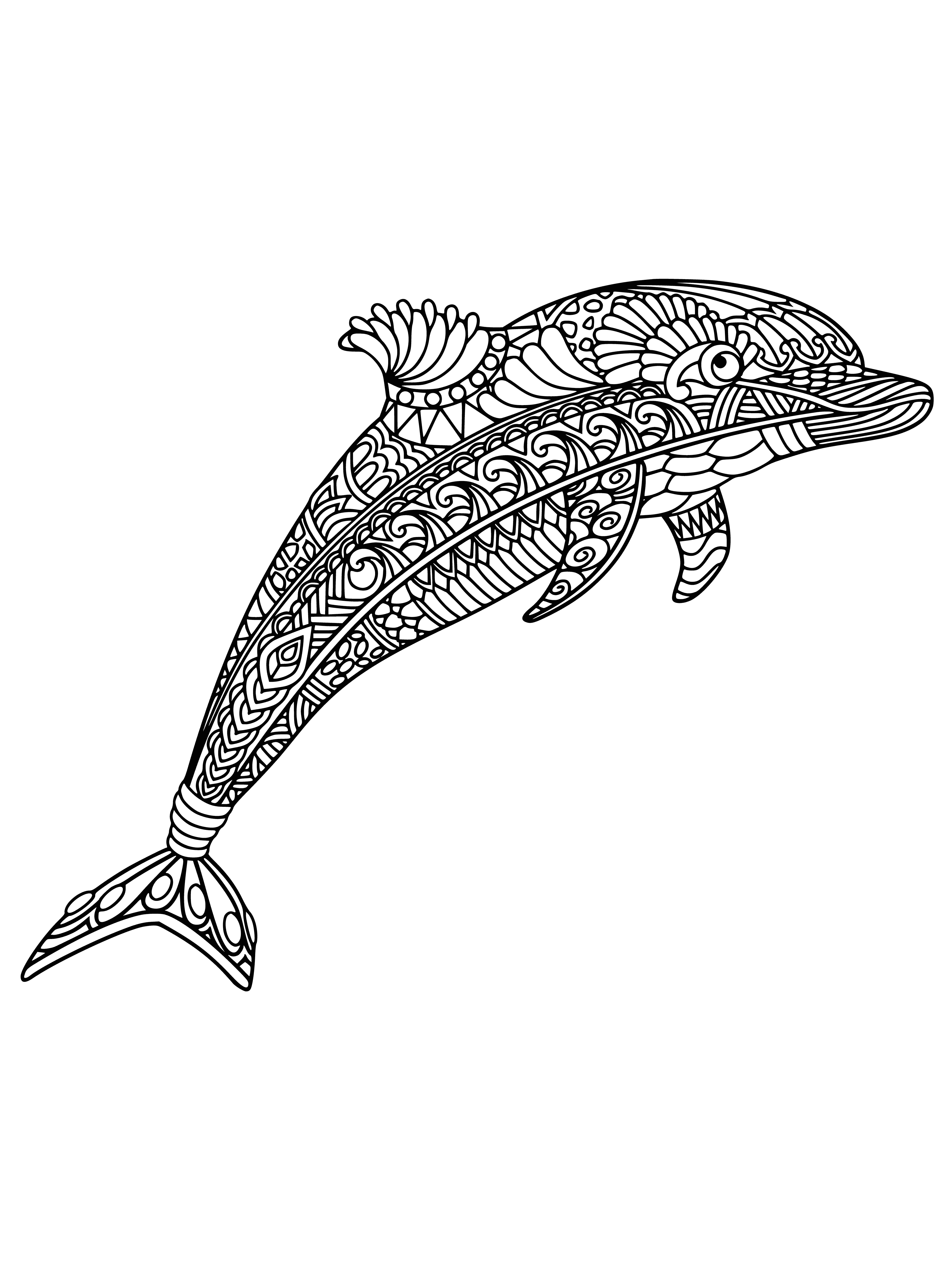 coloring page: A dolphin jumps and flips, surrounded by small fish and sun rays in a deep blue background. It is light blue with darker blue stripes.
