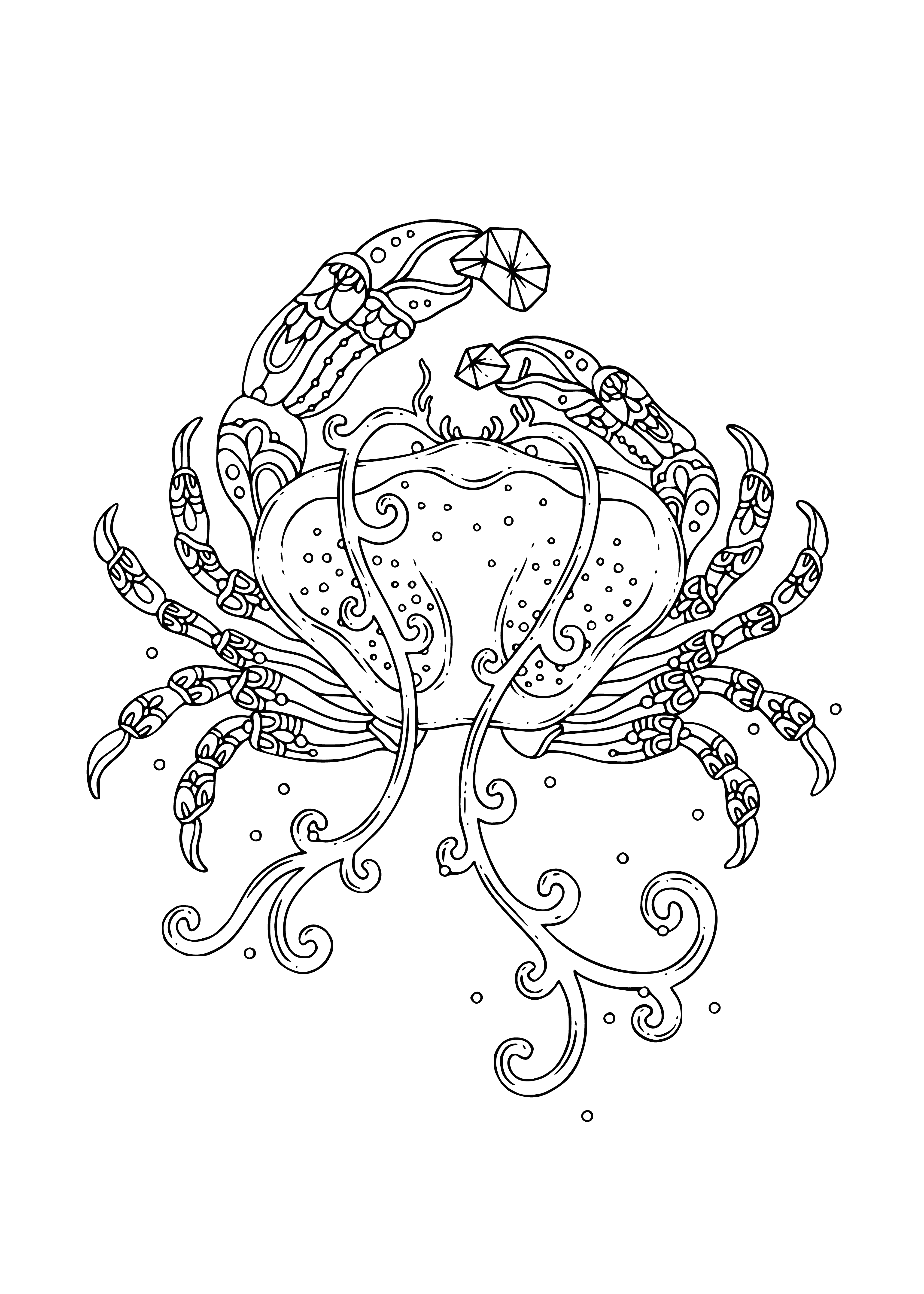 coloring page: Sea crab content in its own blue world, clinging to rocks and watching fish swim by.