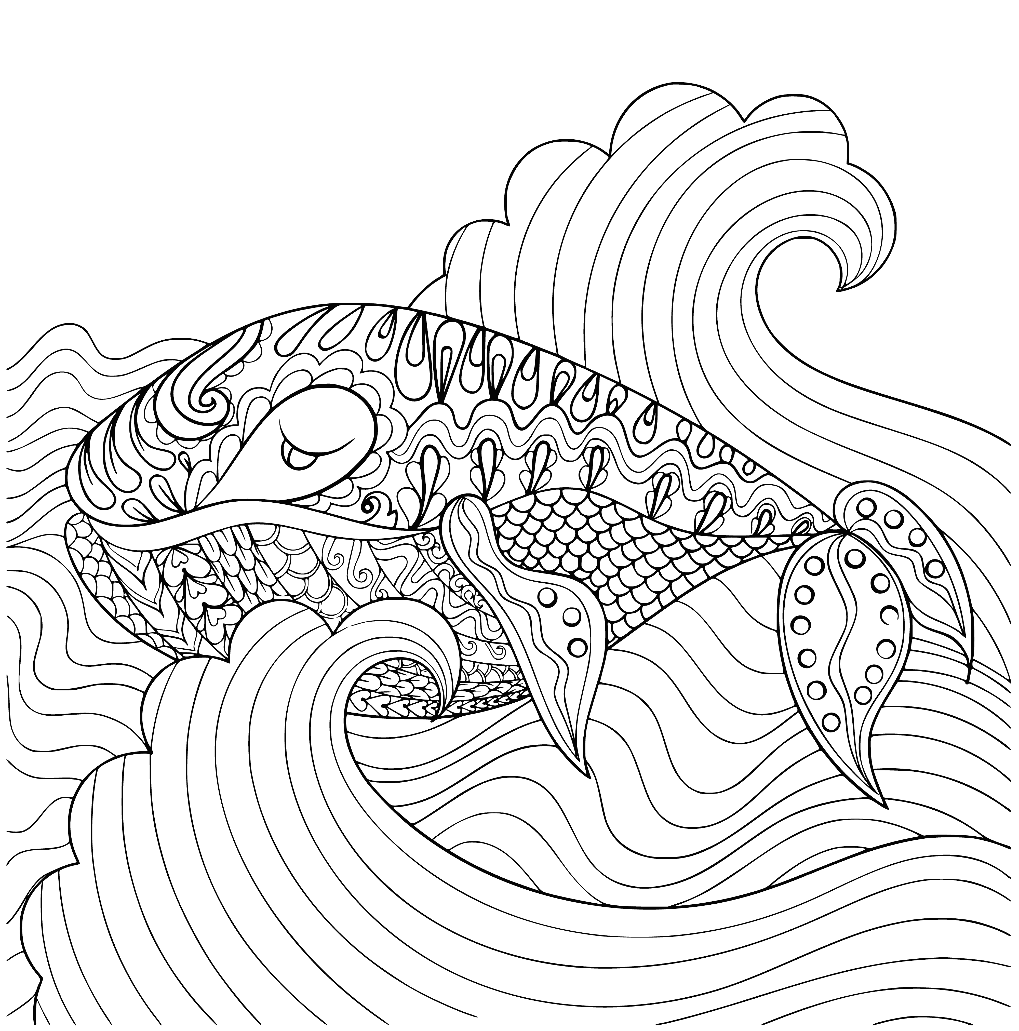 coloring page: A large whale peacefully swims through twinkling water, surrounded by curious fish.