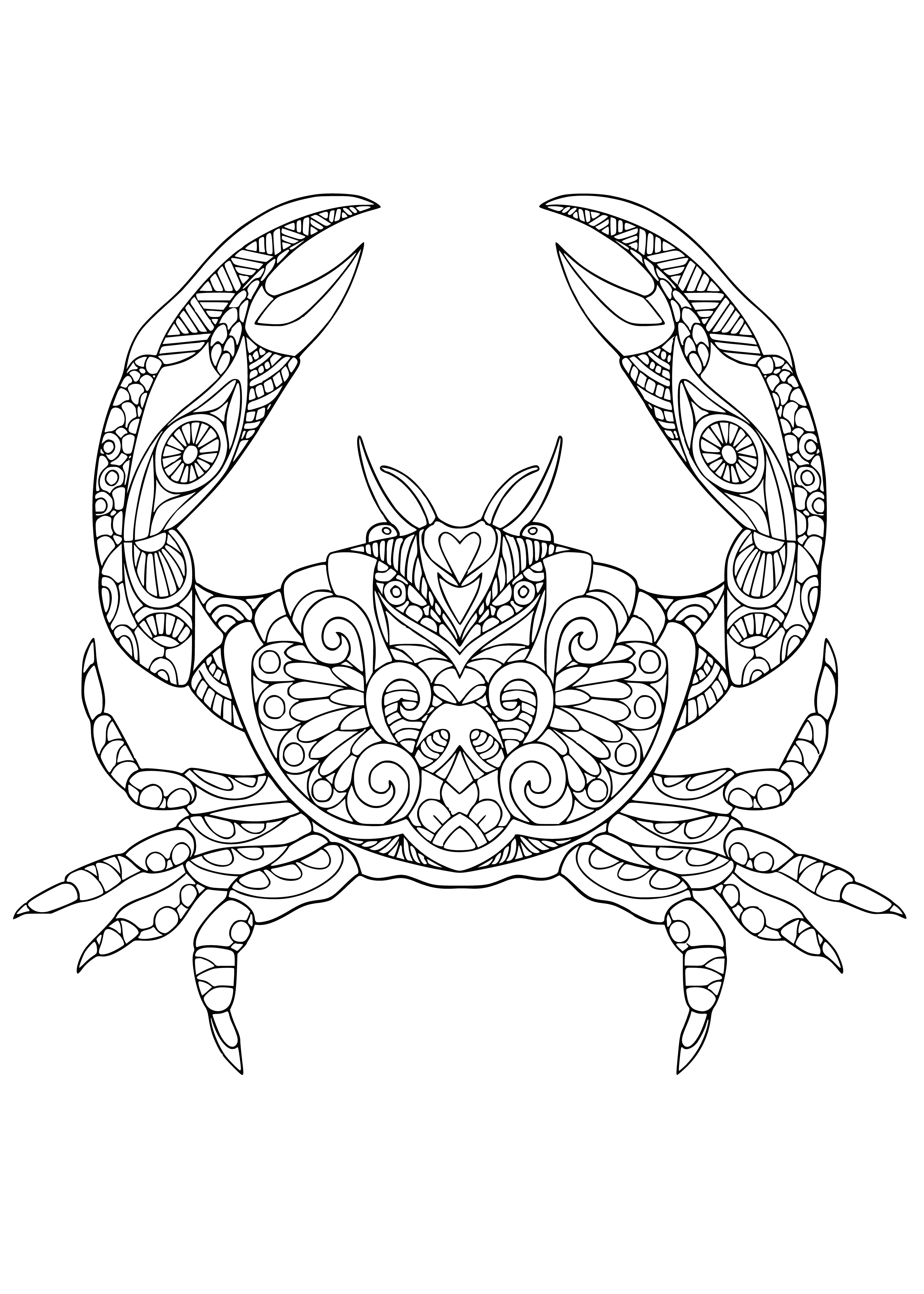 coloring page: A peaceful blue sea crab stands on a rock, surrounded by seaweed and other marine life. It looks content, seemingly enjoying the view.