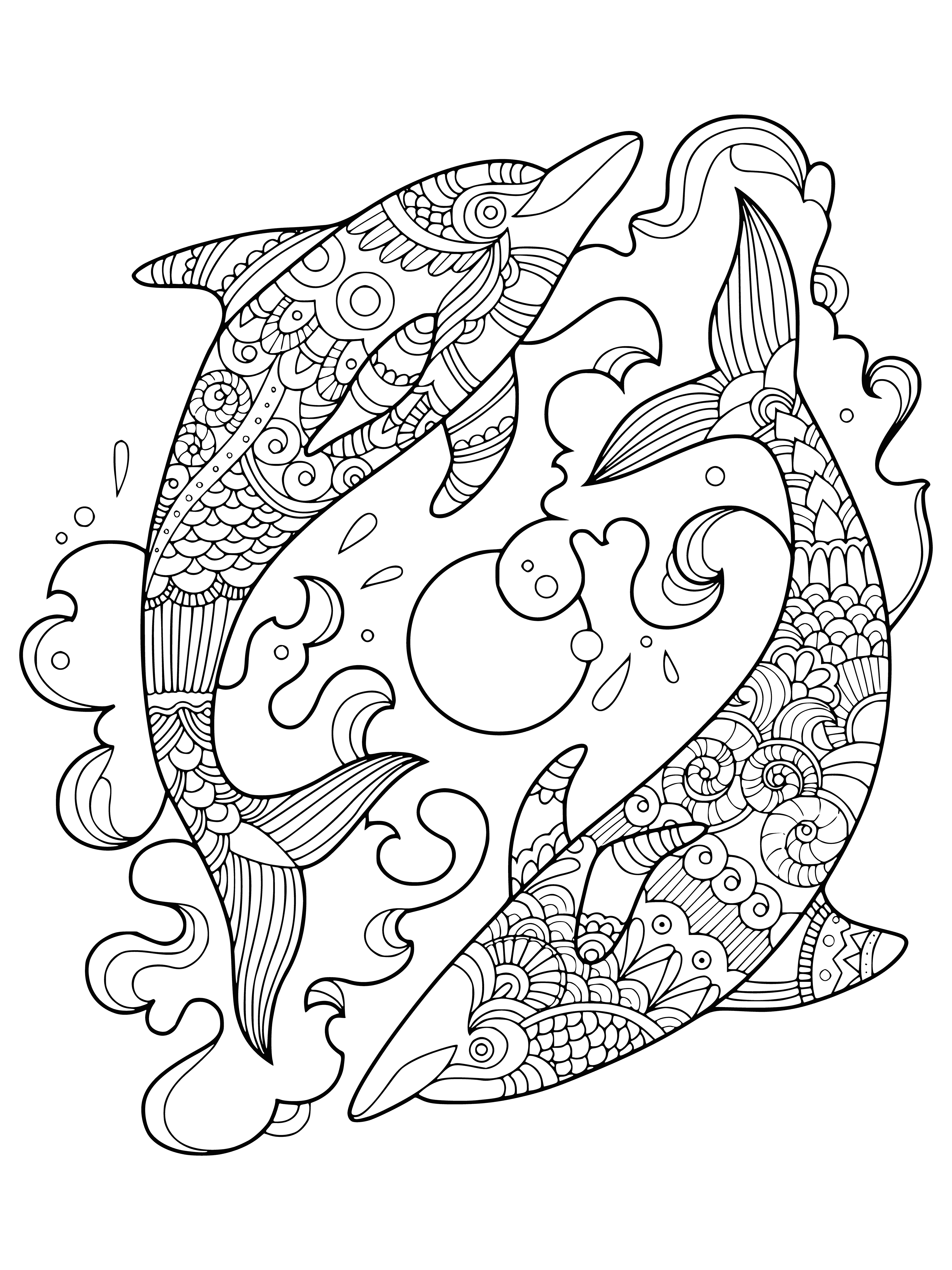 coloring page: Pod of dolphins swimming in the deep blue sea, bodies gleaming in the sunlight and looking peaceful.