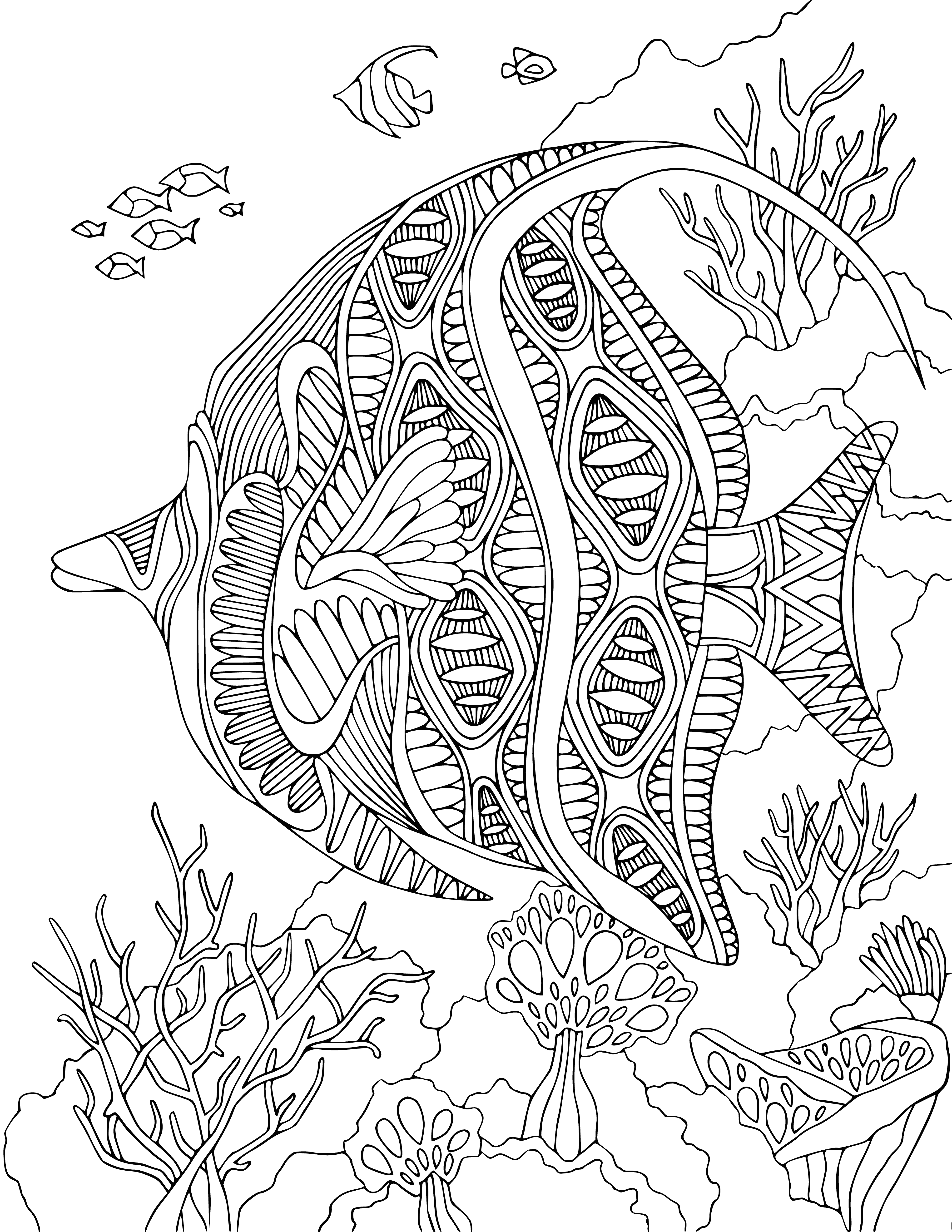 coloring page: Fish of all sizes & colors, plus other sea creatures! Color this page to de-stress & relax.