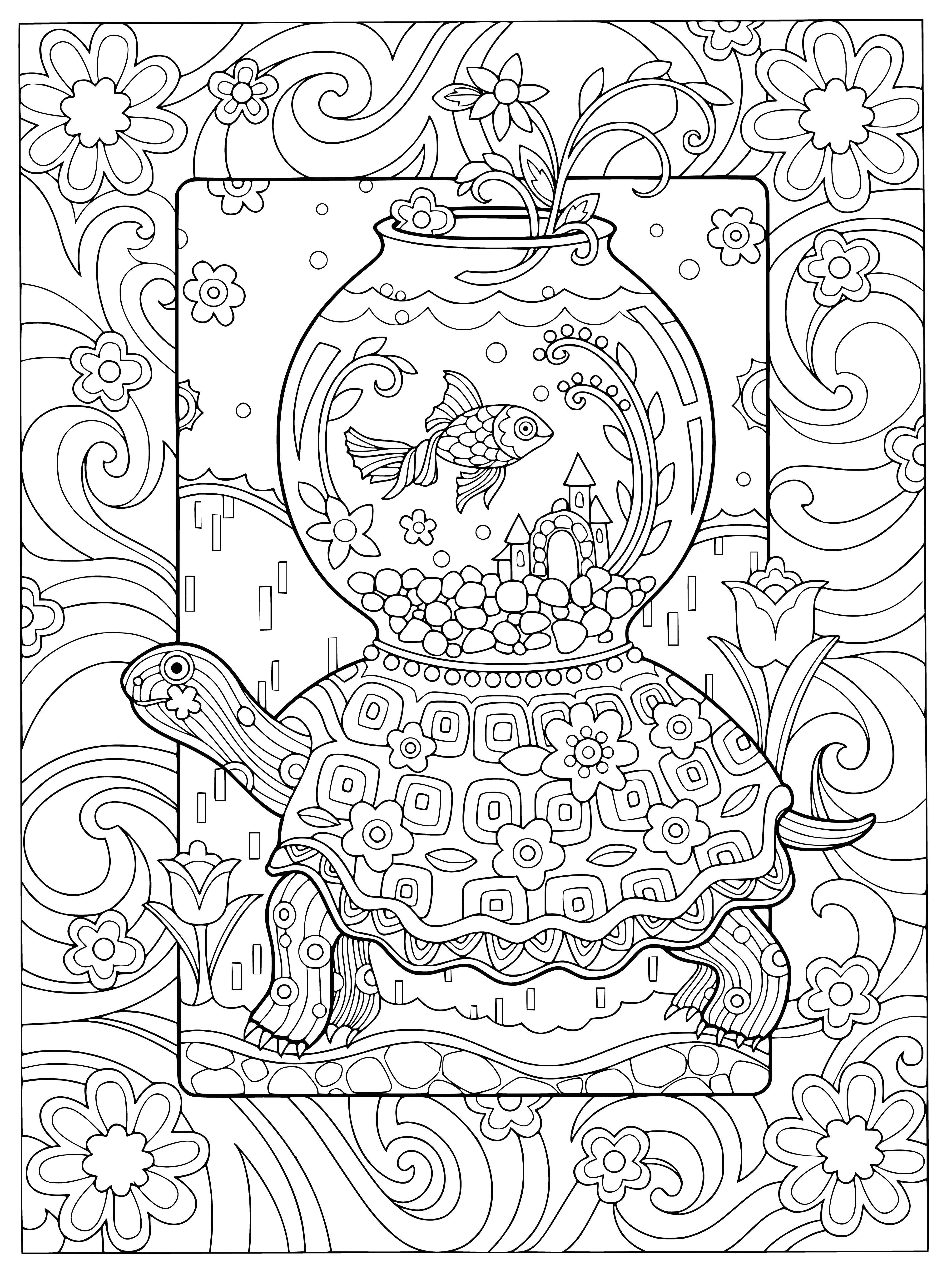 coloring page: A large sea turtle lazily swims, its shell a dark green with lighter flippers and its body covered in swirls & dots. Its underbelly creamy white, eyes closed with a peaceful expression.