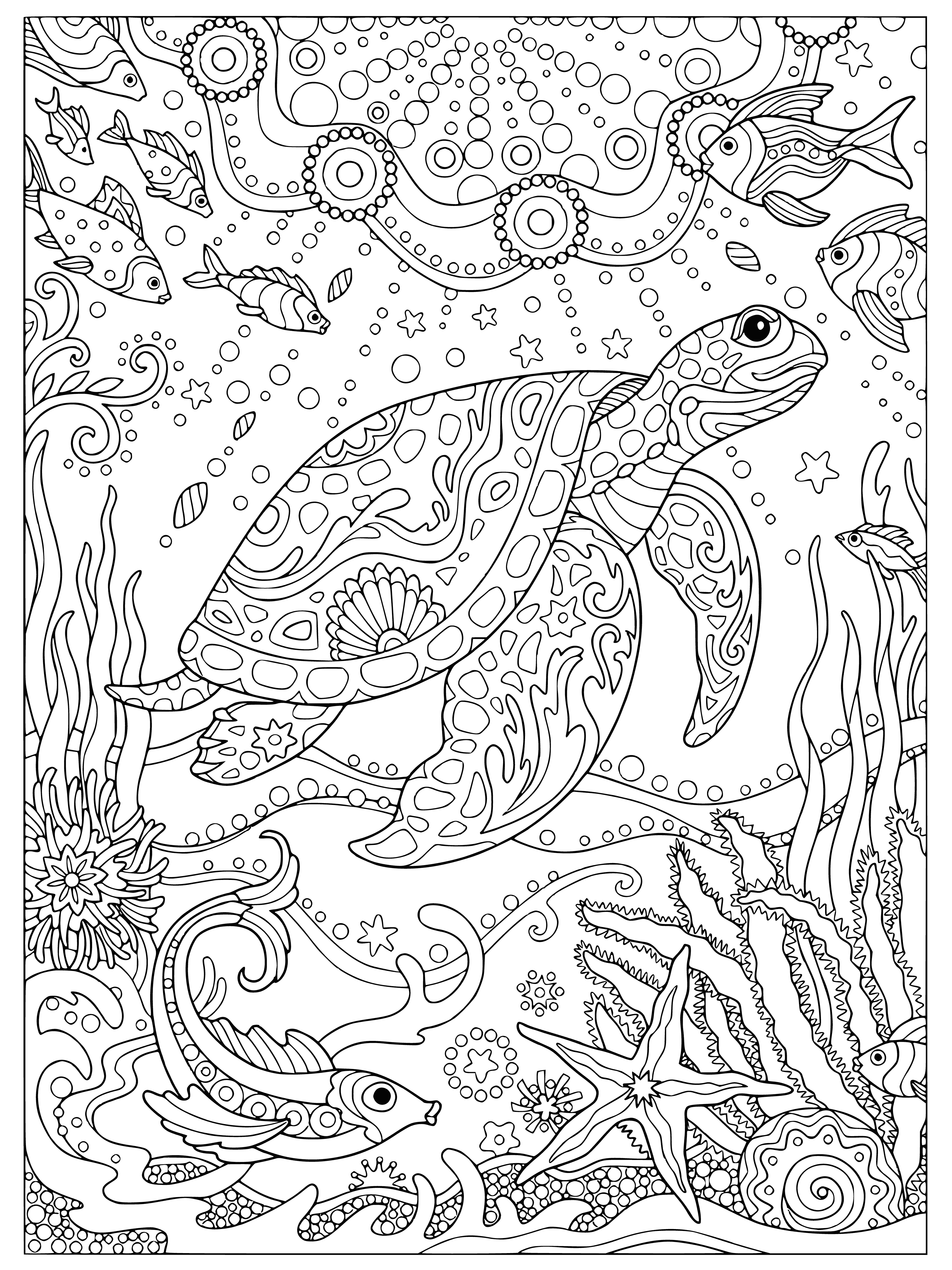 coloring page: Beautiful sea life coloring page featuring a large fish, 2 smaller fish, coral, and a sandy bottom. Perfect for an adult coloring book!