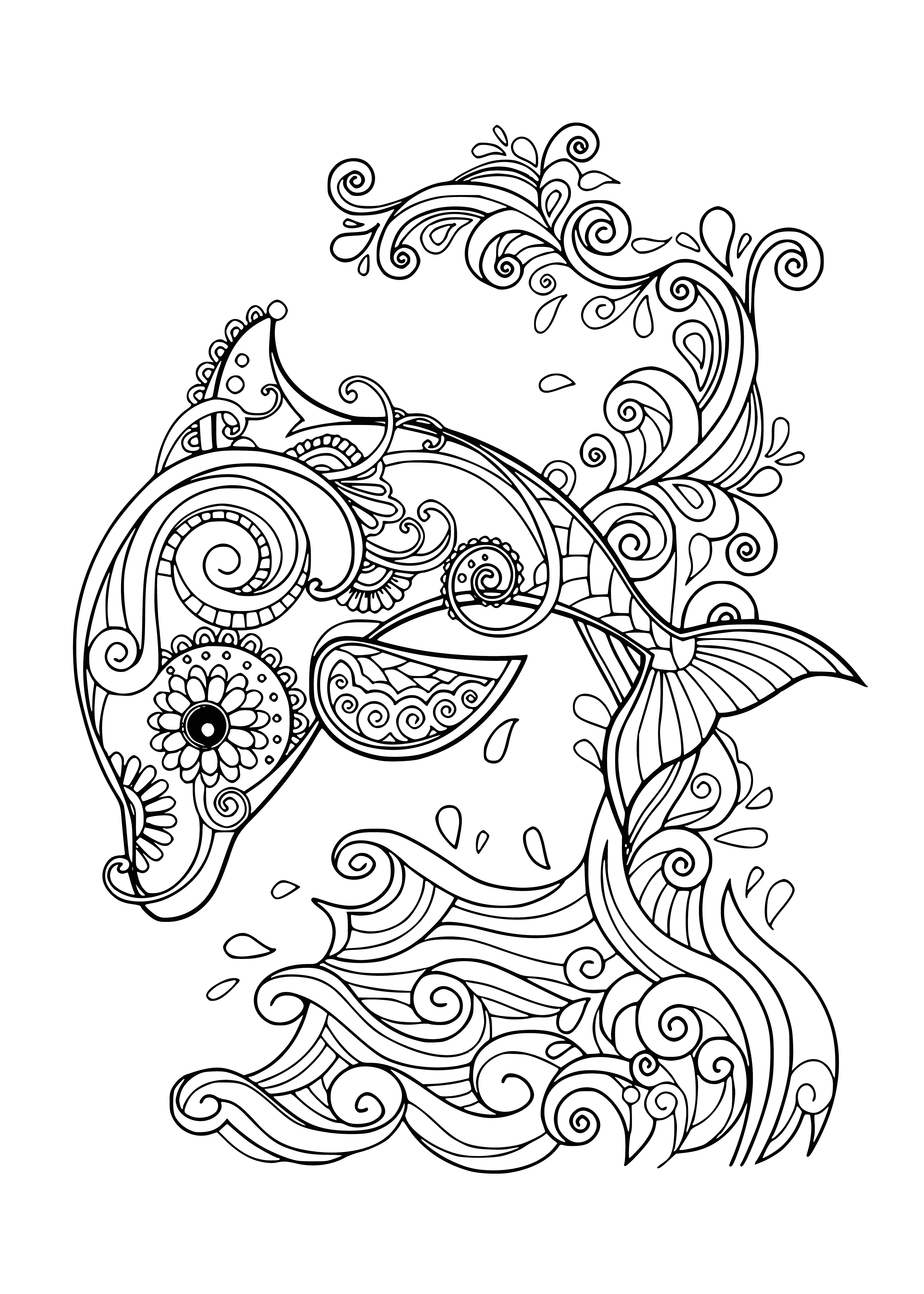coloring page: Relax and enjoy coloring a gorgeous dolphin in the beautiful ocean! It's so calming and therapeutic. #coloringtherapy