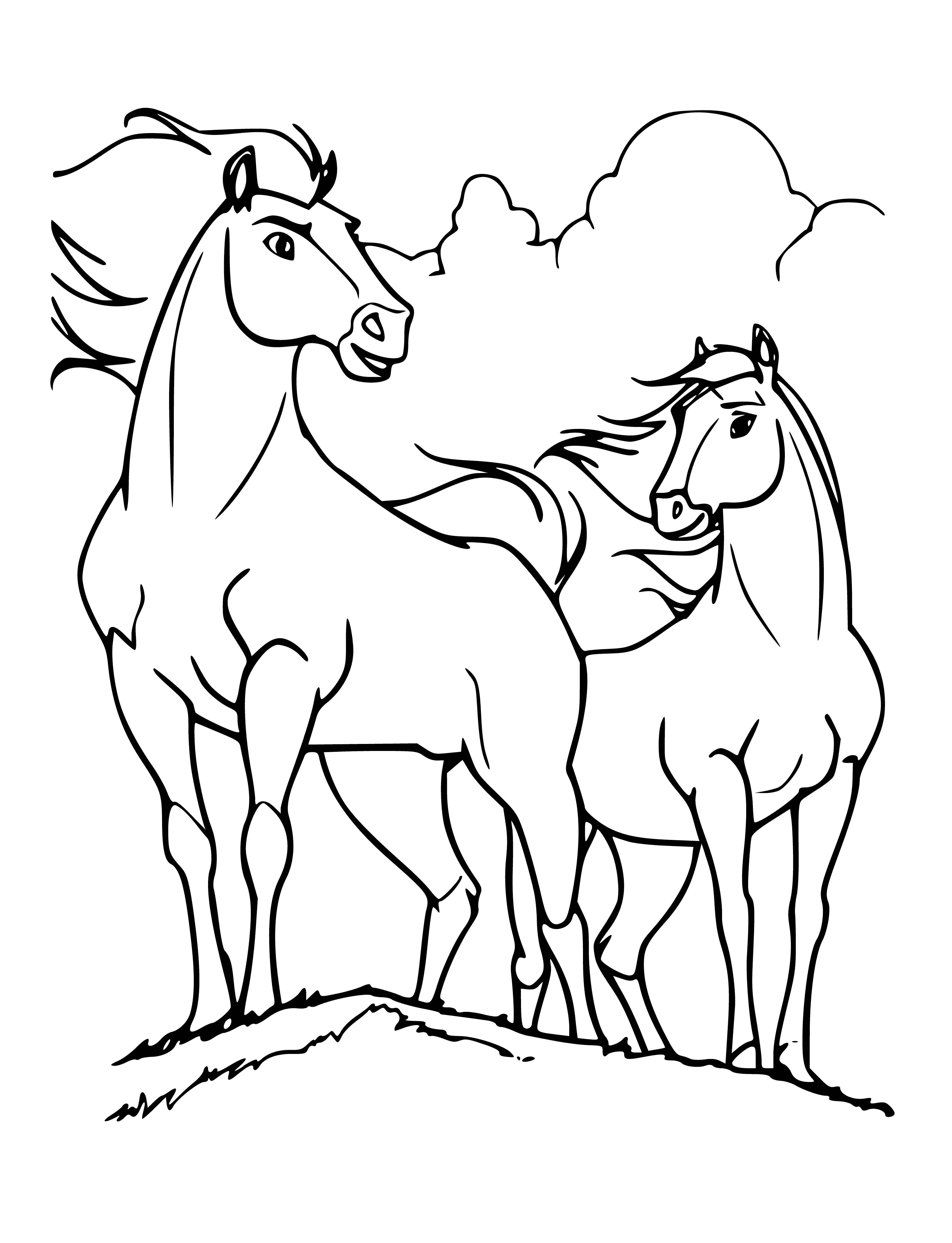 coloring page: A wild mustang runs through a field, its mane blowing in the wind, showing its power and freedom in all its beauty.