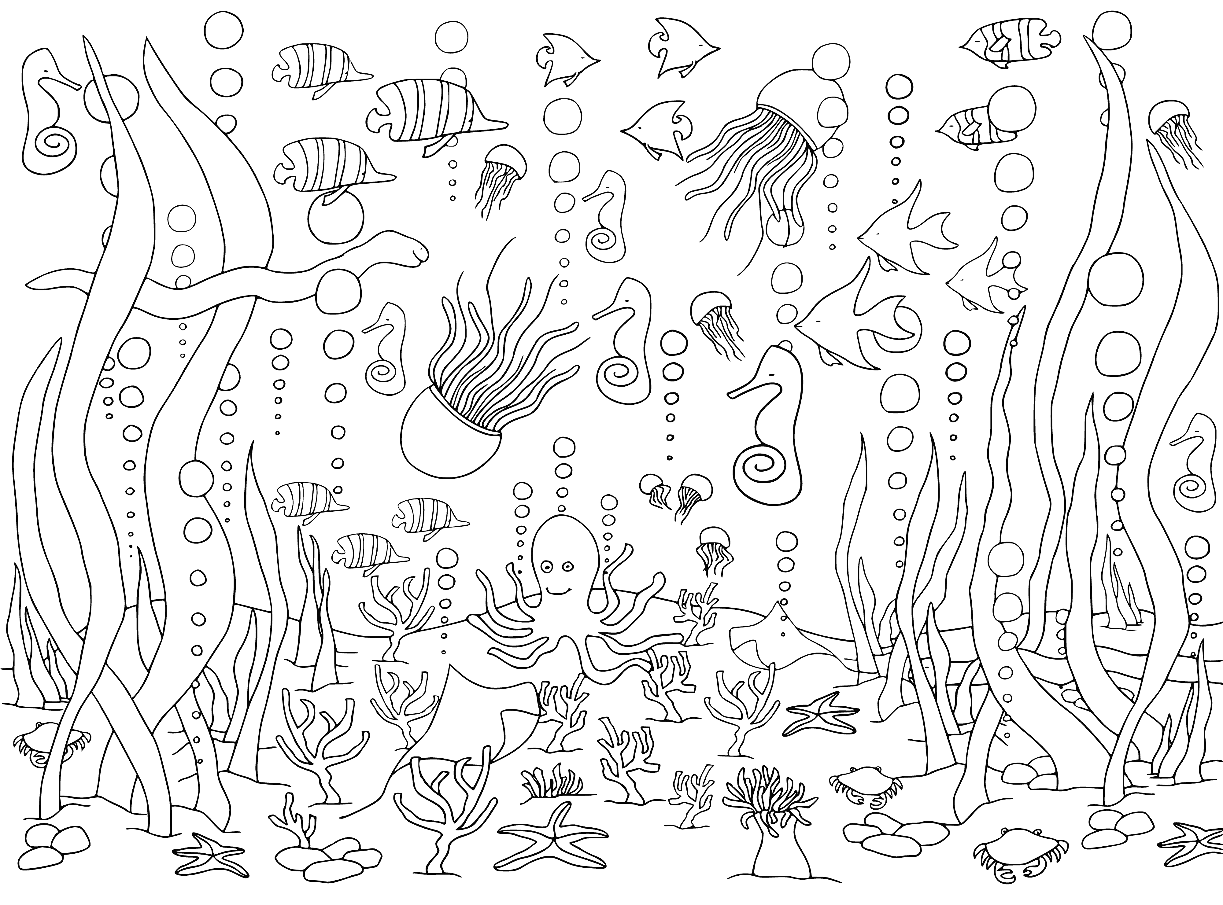 coloring page: Large beige octopus with 8 dark brown legs + many fish in a deep blue background.