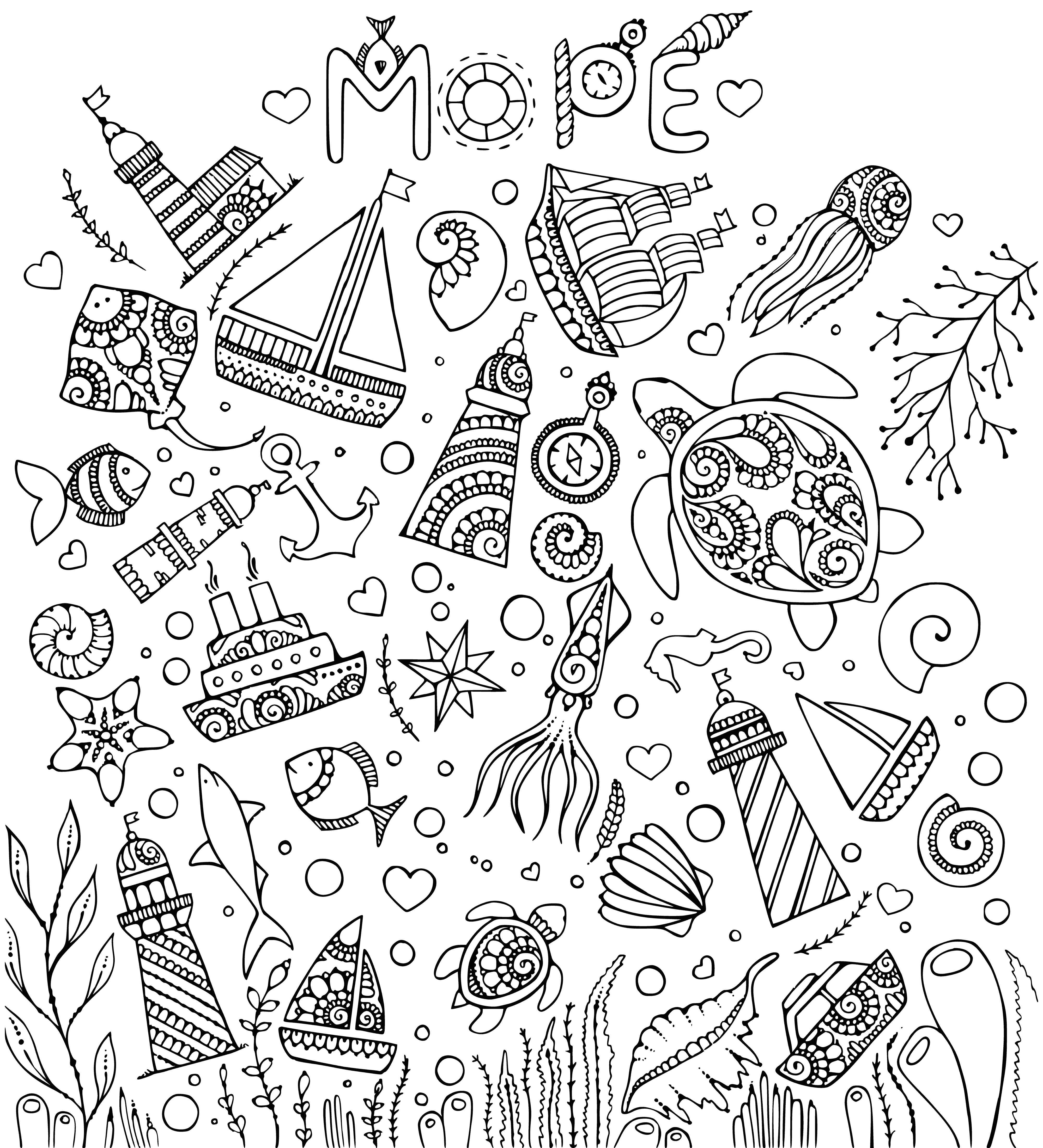 coloring page: Beautiful blue sky and sea with white waves; sun shining and seagulls flying. A peaceful sight to behold.