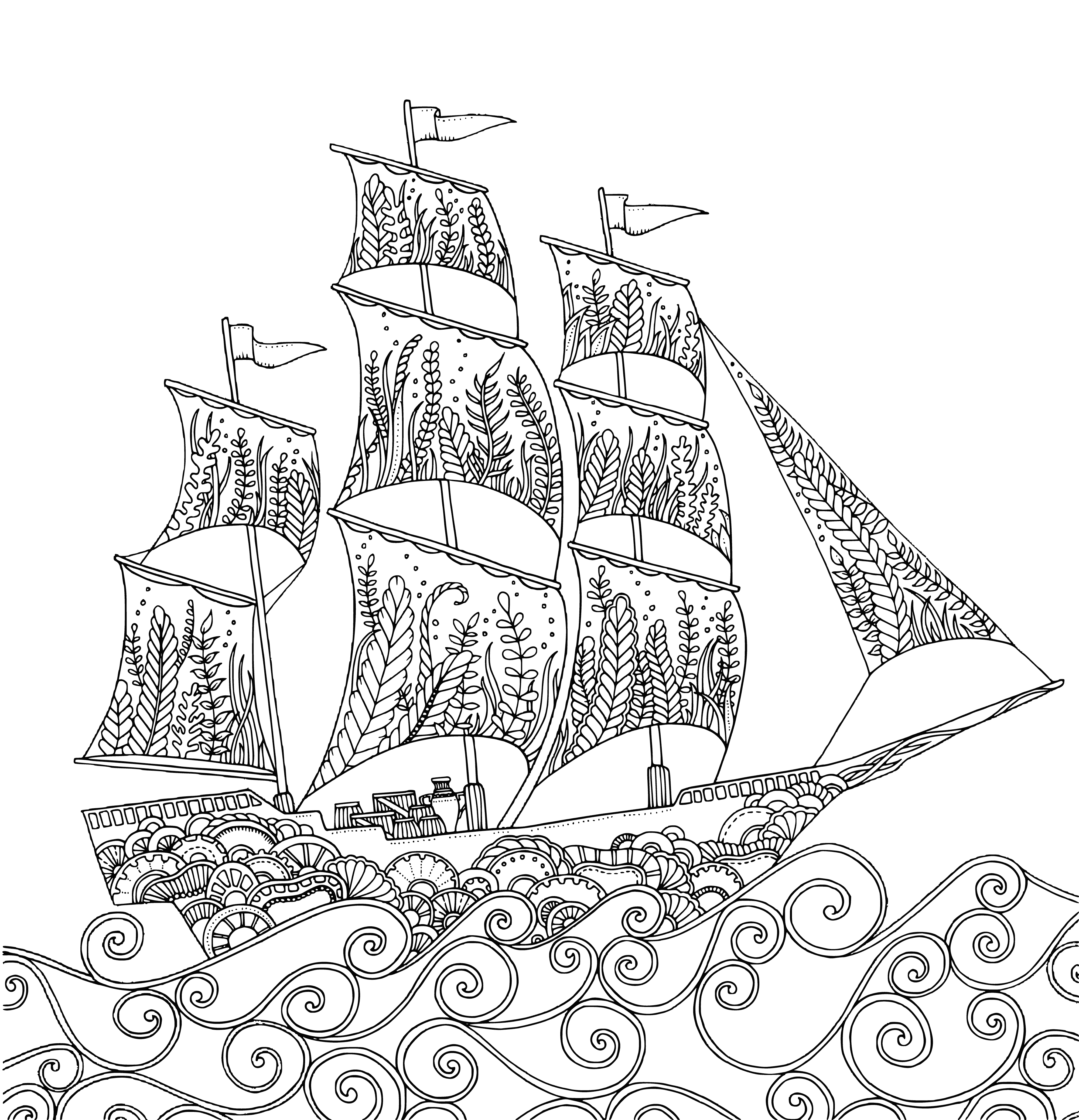 coloring page: Ship sailing on open sea with blue trim, 3 masts, billowing sails, and waves crashing against hull. Sun shining in clear sky.