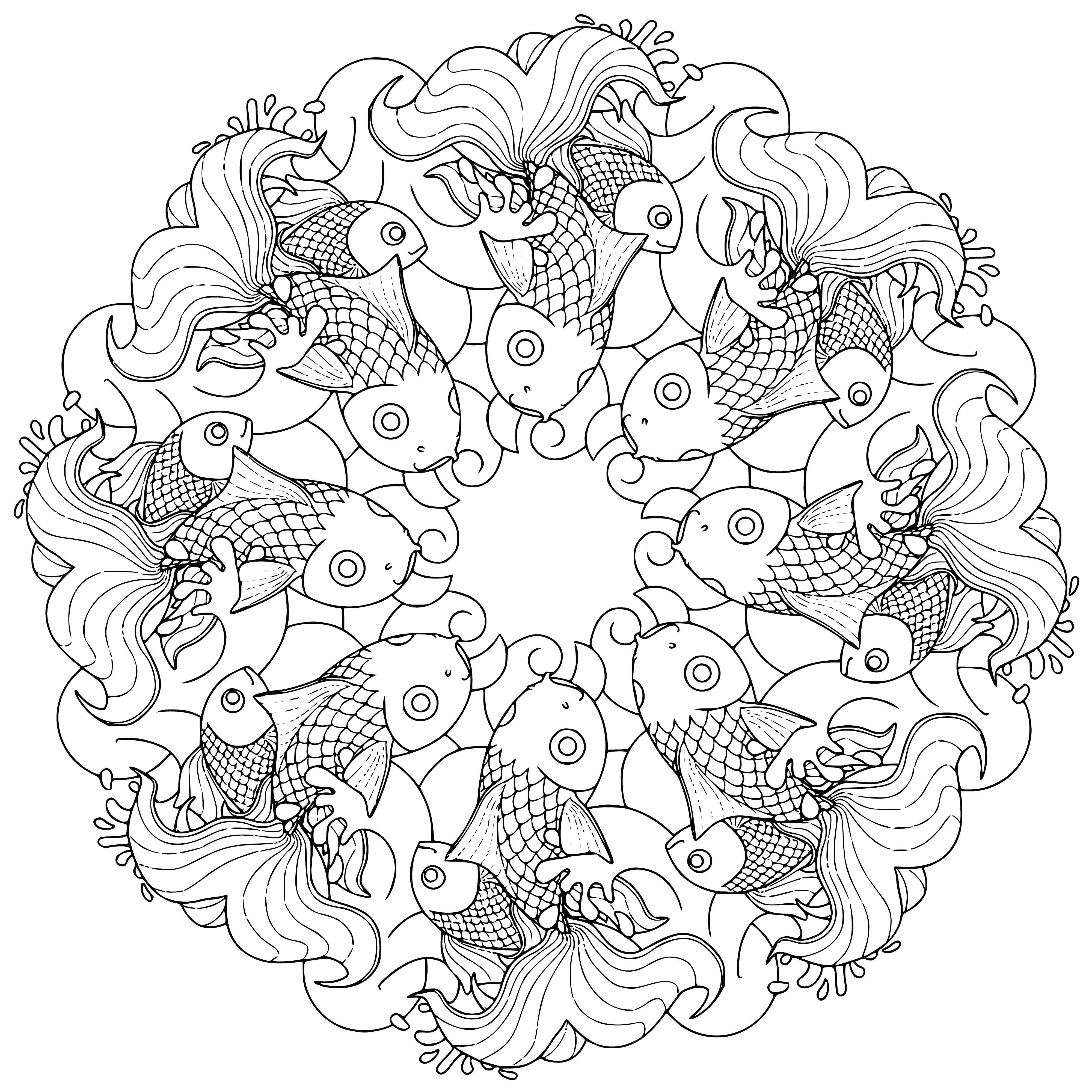 coloring page: Adults relax and de-stress by looking at a mandala featuring a central goldfish, and complex soothing shapes and colors.